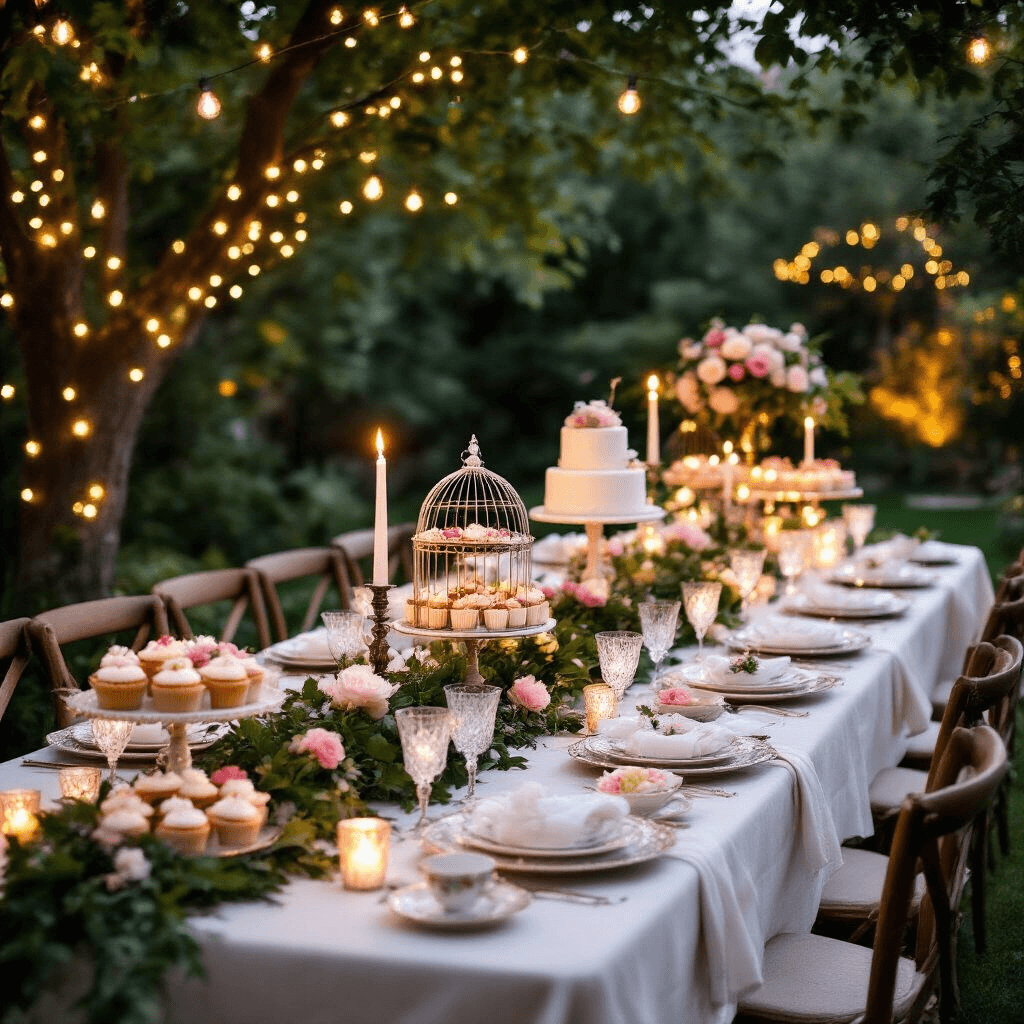 An enchanting garden party at twilight featuring a farmhouse table adorned with ivory linens, greenery garlands, candles in mercury glass holders, and mismatched vintage china. A vintage birdcage filled with roses serves as a centerpiece, while a dessert cart boasts floral-topped cupcakes and a tiered naked cake. The scene is softly focused with a dreamy bokeh effect.