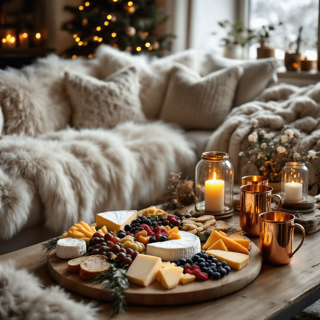 A cozy living room adorned for a hygge-inspired winter celebration, featuring soft faux fur throws, chunky knit pillows, a grazing board with cheeses and fruits, warm candlelight in lanterns, and a DIY hot chocolate bar with copper mugs, all showcased from an elevated angle.