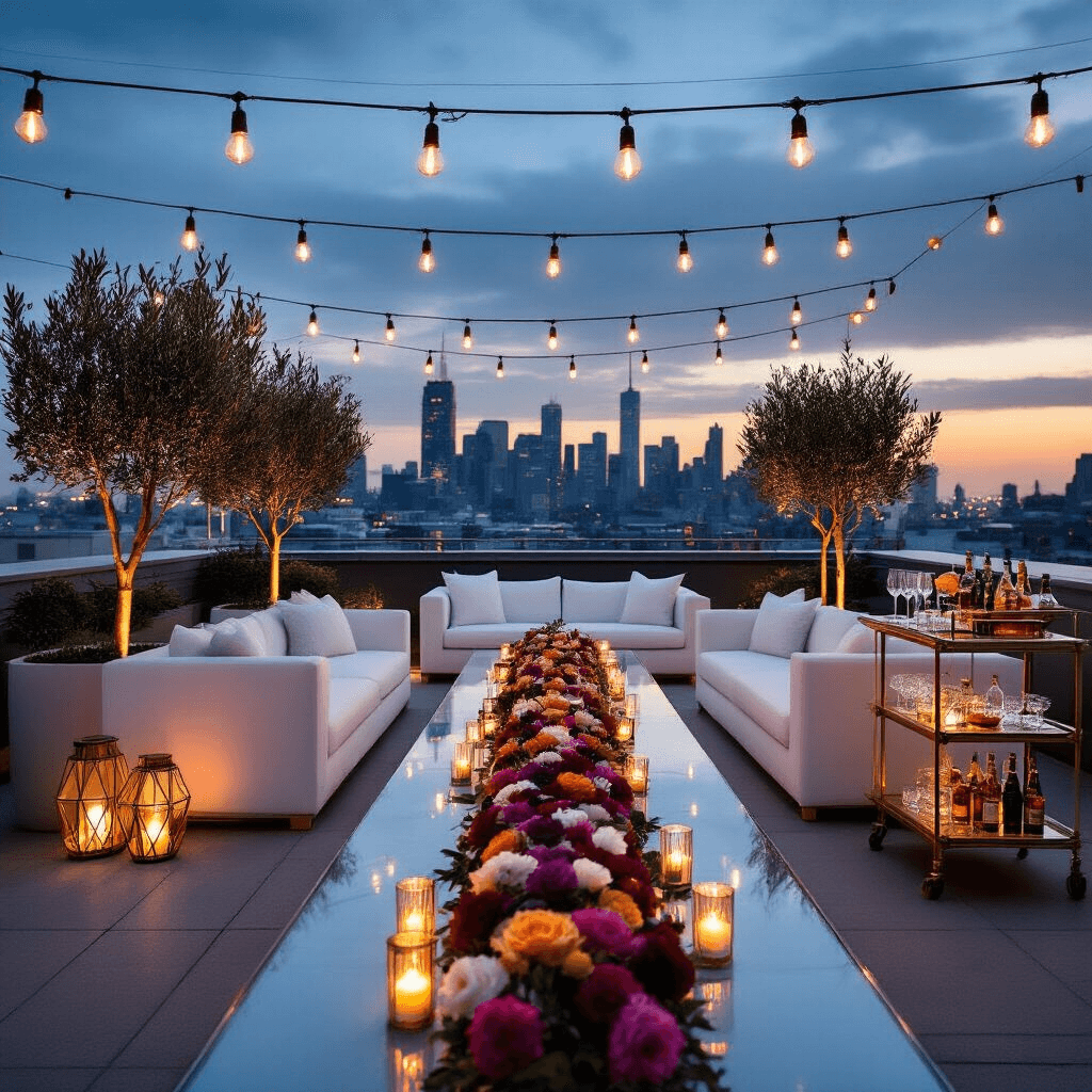 A modern rooftop celebration at blue hour featuring sleek white lounge furniture, potted olive trees, geometric copper lanterns, a glamorous bar cart with gold-rimmed glassware, and a long acrylic table adorned with an ombre flower arrangement from blush to deep burgundy, set against a vibrant city skyline illuminated by Edison bulbs.