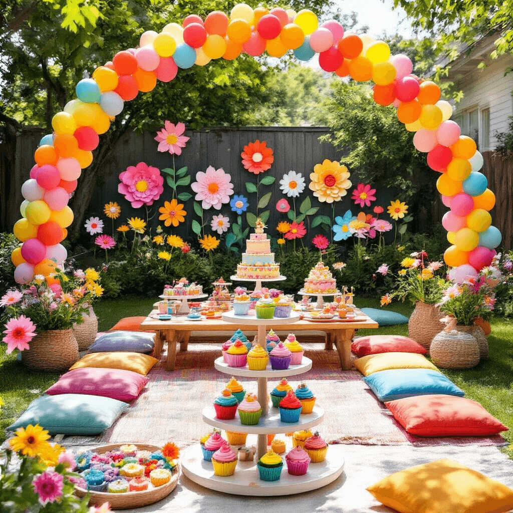 A vibrant backyard birthday celebration for children, featuring a colorful balloon arch, picnic area with low tables and floor cushions, whimsical paper flowers and pinwheels, a tiered cake stand with rainbow-frosted treats, and a DIY flower crown station, all viewed from a child's eye level.