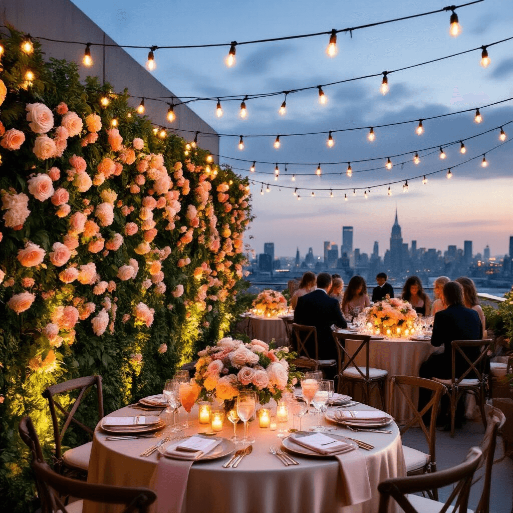 An elegant rooftop terrace at twilight, adorned with warm fairy lights and champagne silk tablecloths, featuring lush floral centerpieces of roses and peonies. A marble bar displays floral cocktails, while guests in cocktail attire mingle near a living wall of orchids, with a city skyline in the background.