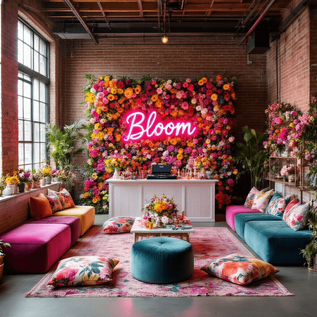 A vibrant teen birthday party in a modern loft featuring a flower-themed backdrop, interactive floral stations, jewel-toned lounge seating, and a glowing neon 'Bloom' sign at the DJ booth.