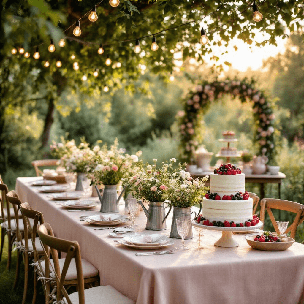A golden hour garden party scene featuring a long farmhouse table with mismatched china and crystal glassware, surrounded by lush greenery and illuminated by string lights, vintage watering cans filled with wildflowers as centerpieces, wooden chairs with cream cushions, and a rustic dessert cart displaying a tiered naked cake with fresh berries, alongside a DIY photo booth area with a floral-covered arch and vintage props.