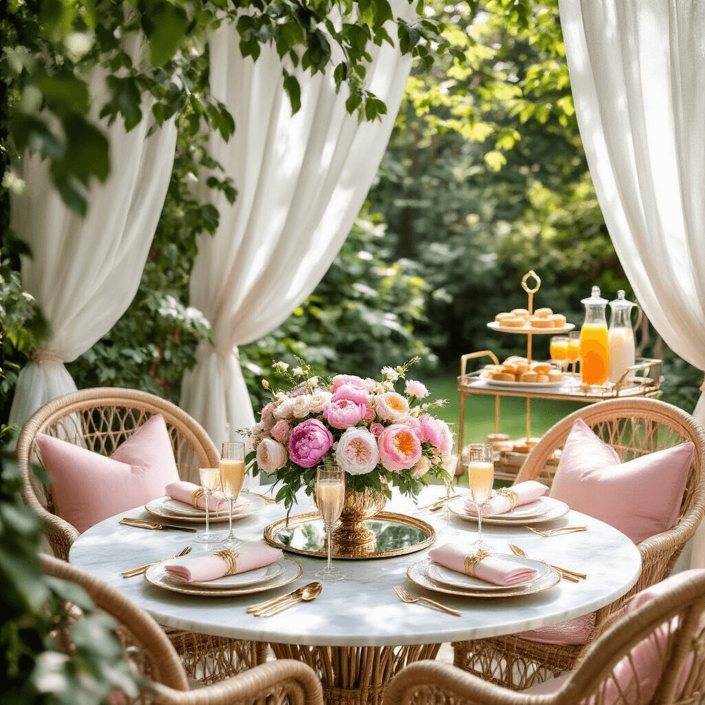 An intimate birthday brunch setup in a sunlit garden, featuring a round marble table surrounded by rattan peacock chairs with pastel pillows. The table is elegantly set with gold-rimmed plates, modern gold flatware, and champagne flutes, adorned with a lush centerpiece of pink peonies and garden roses on a mirrored tray. A nearby bar cart displays mimosa ingredients and a tiered stand of fresh pastries, with soft morning light filtering through sheer white curtains.