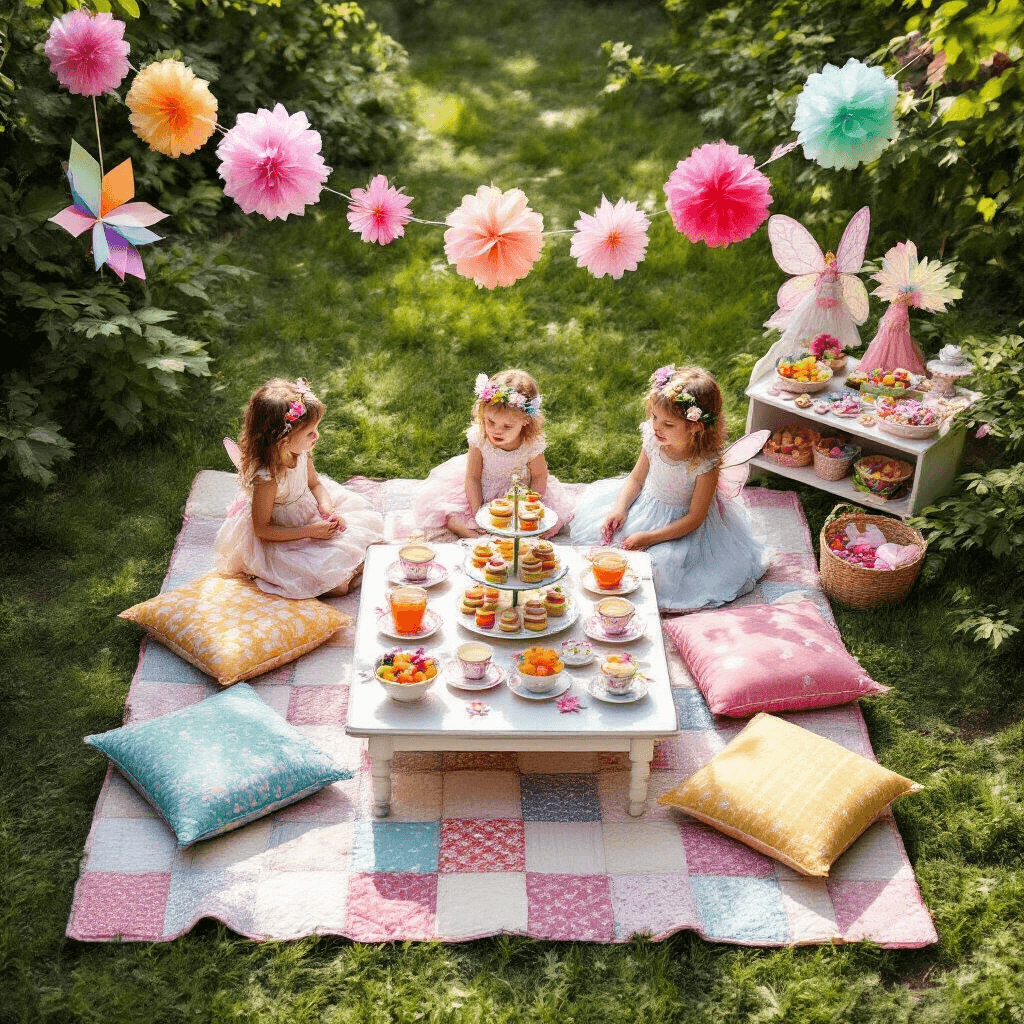 A whimsical children's garden tea party from an overhead angle, featuring a low table with colorful floor cushions on a patchwork quilt, surrounded by teacups, sandwiches, and candy. Oversized paper flowers, pinwheels, and a pom-pom garland create a playful atmosphere, while a dress-up station with fairy wings and flower crowns invites imaginative play under soft daylight.