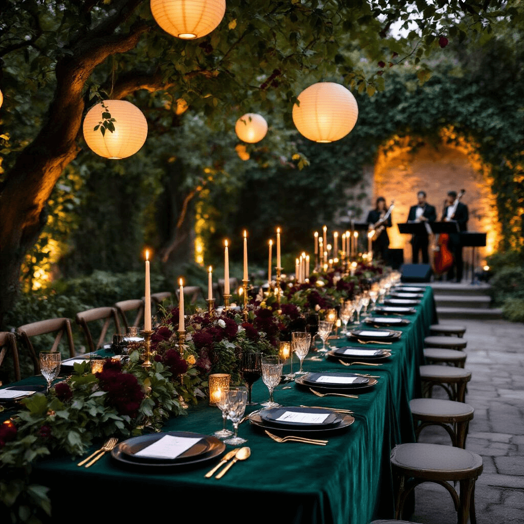 A luxurious evening garden soirée featuring long tables with emerald velvet tablecloths, illuminated by gold taper candles and paper lanterns, adorned with black matte plates, gold cutlery, and burgundy floral garlands, while a jazz band plays against an ivy-covered stone wall.