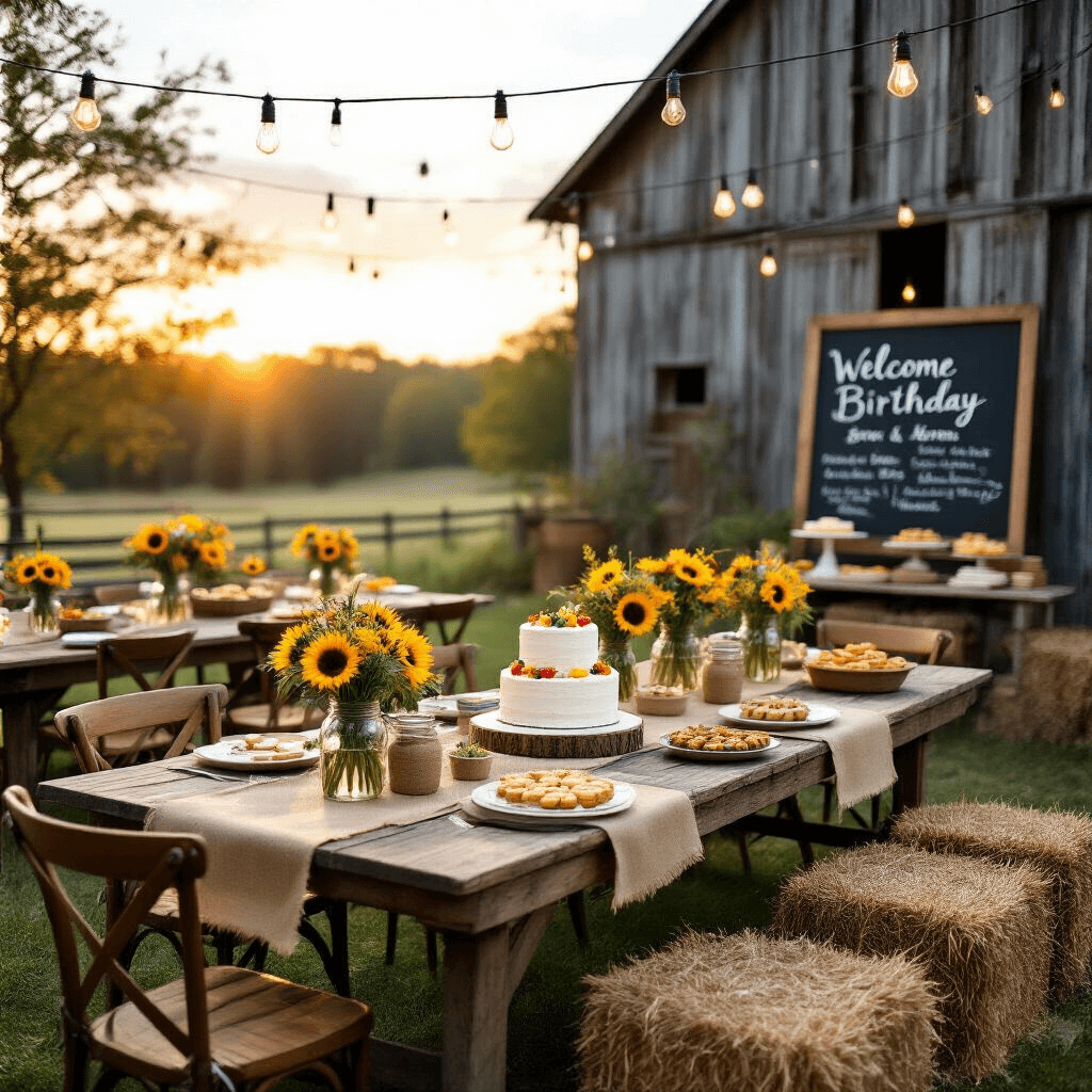 A rustic-chic outdoor birthday celebration with wooden farm tables, burlap runners, and mason jars of flowers amidst a weathered barn backdrop, featuring mismatched chairs, hay bales, Edison bulb lighting, a chalkboard welcome sign, and a dessert table with a naked cake and homemade pies.