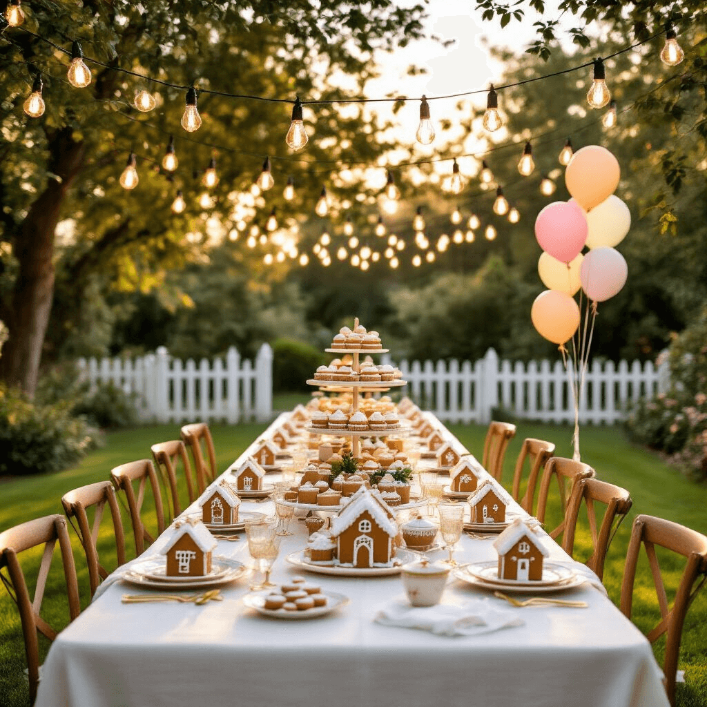 An enchanting outdoor garden party setup at golden hour, featuring a long farmhouse table adorned with a white linen tablecloth, gingerbread house kits, vintage china, and gold cutlery, beneath a canopy of Edison bulbs, with pastel balloons nearby and a dessert cart of gingerbread cookies and cupcakes, all bathed in warm golden light.