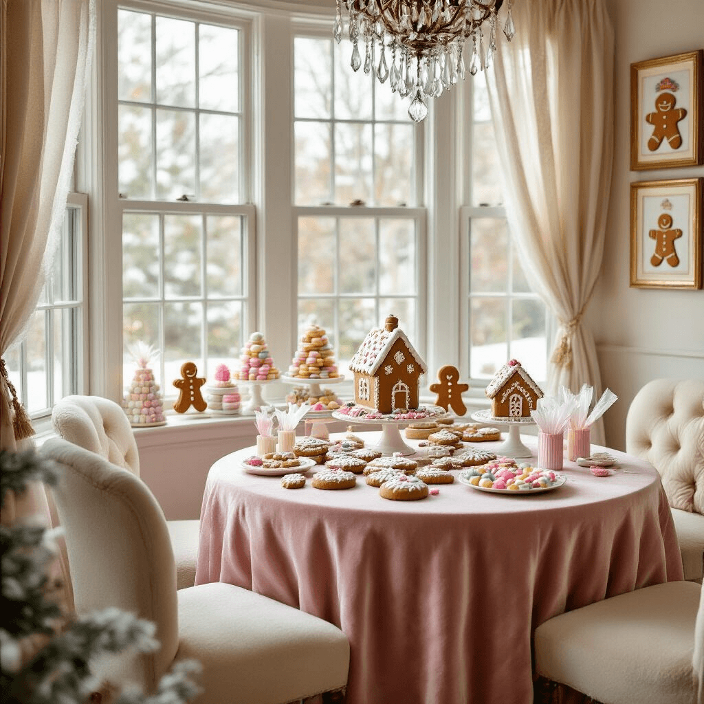 A cozy gingerbread decorating nook featuring a round table with a blush pink velvet tablecloth, surrounded by plush cream-colored chairs. The table is adorned with pre-built gingerbread structures, pastel candies on vintage cake stands, and piping bags of royal icing. Soft light filters through a bay window, while sheer curtains and a crystal chandelier enhance the elegant atmosphere. Framed gingerbread-themed artwork decorates the walls.