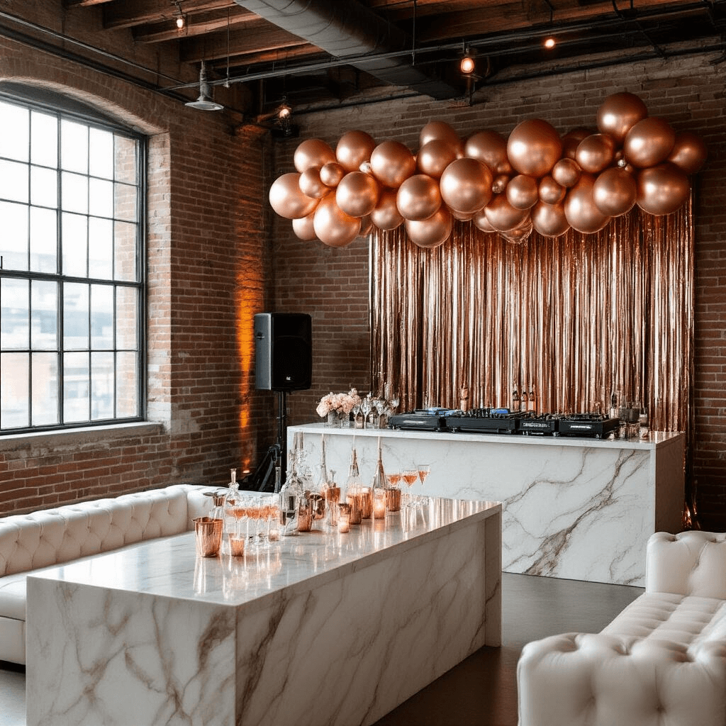 Glam Birthday Party: Your Ultimate Guide to a Luxurious Celebration Chic urban loft decorated for a glamorous birthday soirée with exposed brick walls, rose gold and silver balloon garlands, a marble champagne bar, plush white leather seating, and a DJ booth with cascading metallic fringe.