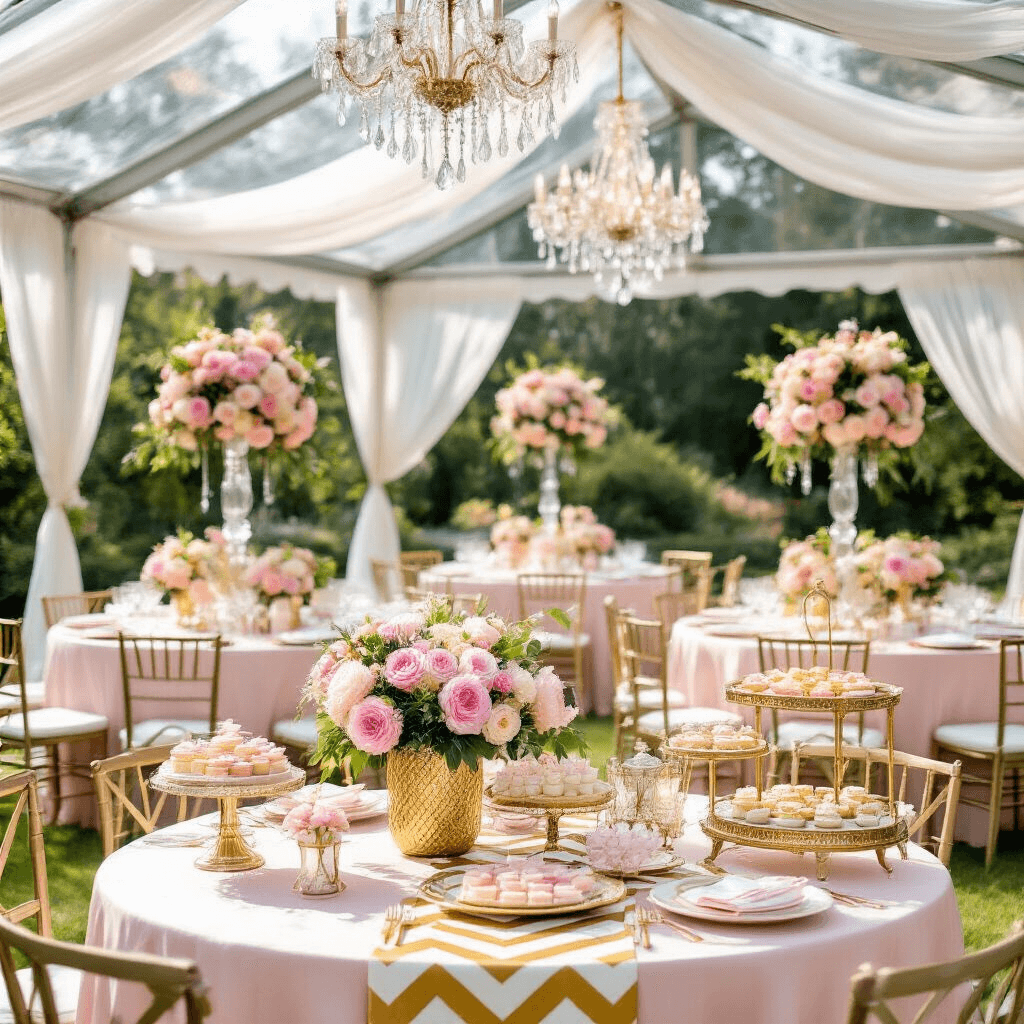 Glam Birthday Party: Your Ultimate Guide to a Luxurious Celebration A lavish garden party setup featuring a clear tent with crystal chandeliers and white drapery, round tables dressed in blush pink linens and gold chevron runners, lush floral centerpieces in gold geometric vessels, a dessert cart with pastel treats on tiered gold stands, and personalized gold calligraphy signage, all beautifully lit by natural midday light.