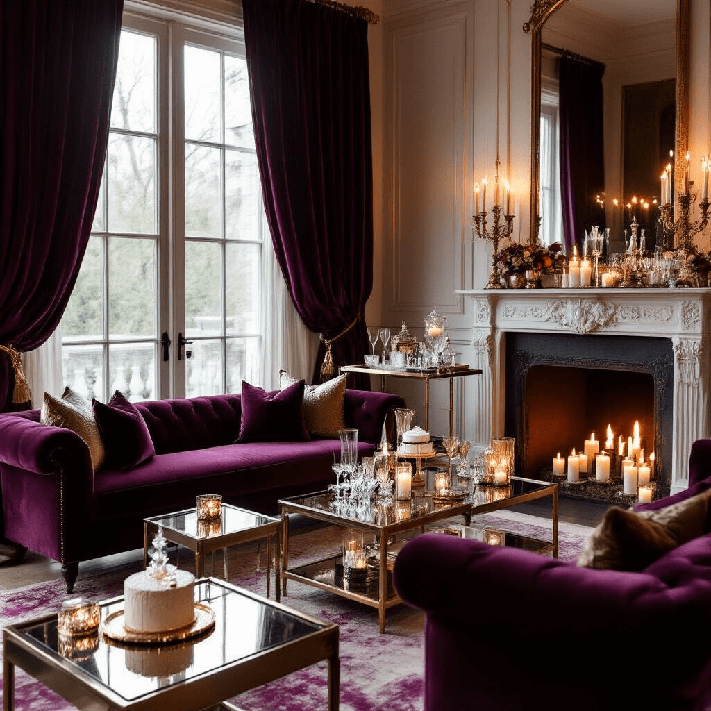 Glam Birthday Party: Your Ultimate Guide to a Luxurious Celebration An opulent living room decorated for a glamorous birthday gathering, featuring rich velvet curtains, a candle-adorned fireplace, mirrored low cocktail tables, a styled bar cart with crystal glassware, plush seating in jewel tones, and a statement birthday cake on a gold pedestal, all bathed in soft, warm lighting.