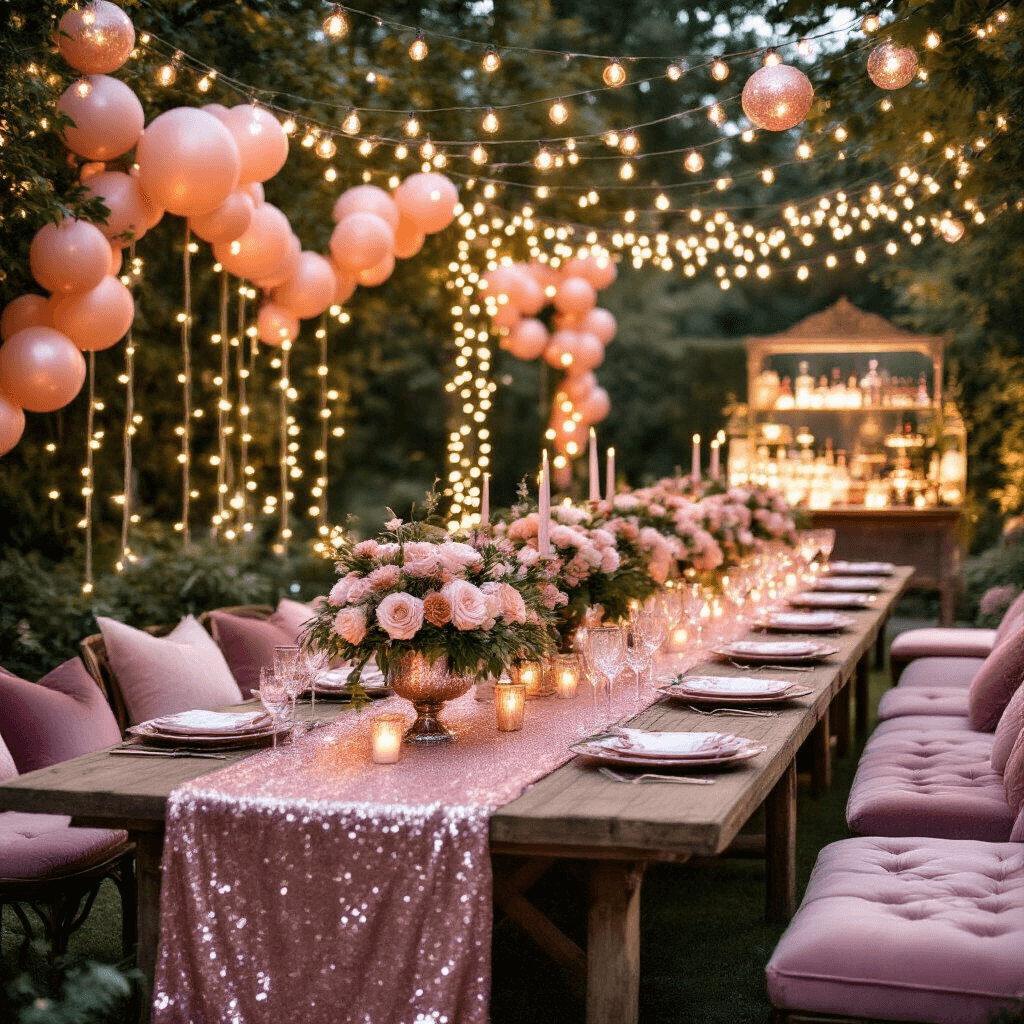 An enchanting garden party at dusk, illuminated by fairy lights, featuring rustic tables with blush pink sequin runners, floral centerpieces, rose gold balloon garlands, a DIY glitter station, plush velvet seating, and a vintage bar cart with cocktails.