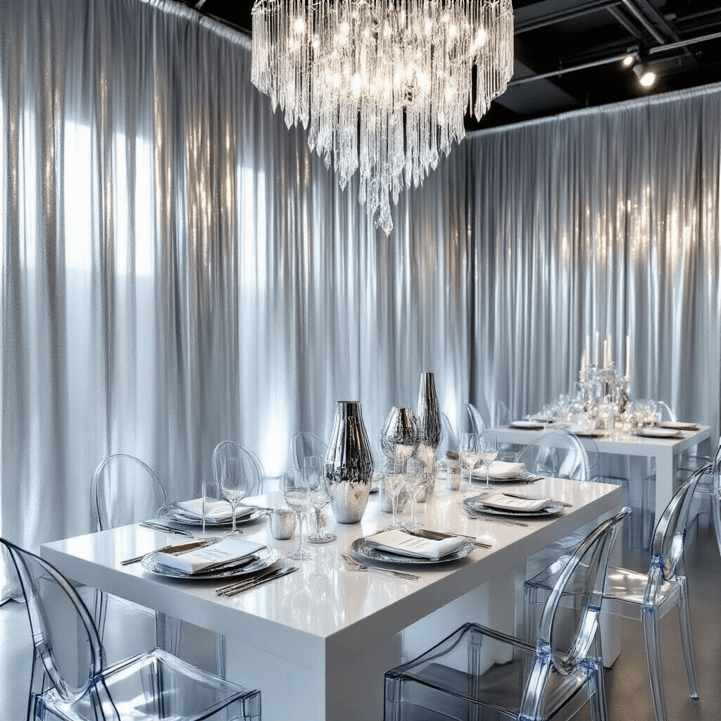 A chic minimalist loft space transformed into a silver wonderland for an evening soirée, featuring metallic curtains, acrylic ghost chairs, modern white tables with mirrored runners, and close-up details of elegant place settings with silver-rimmed chargers, metallic napkin rings, and custom calligraphy place cards embellished with glitter.