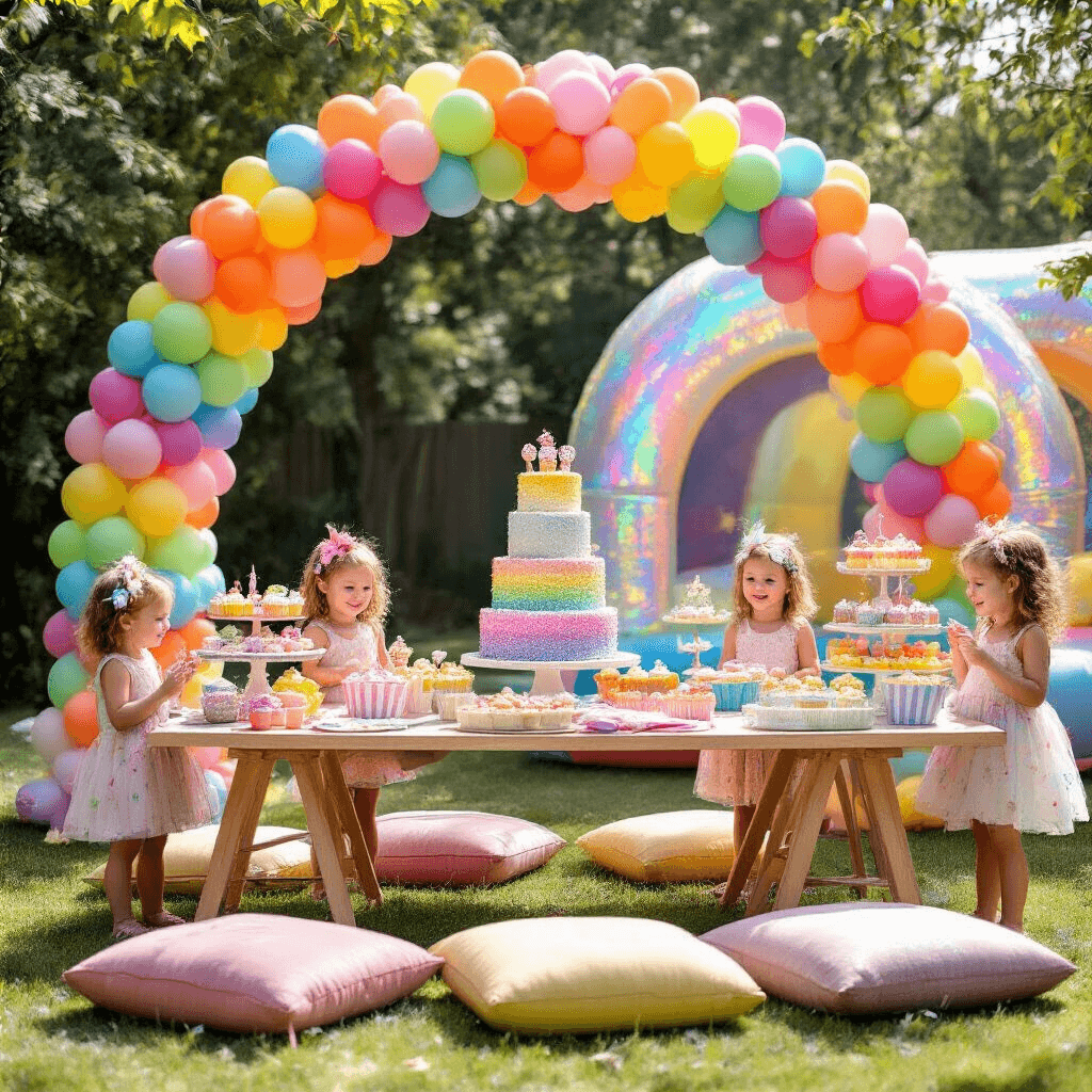 A vibrant children's birthday party in a sunlit backyard, featuring a rainbow balloon arch, a dessert table with sparkling treats, a glitter craft station, a shining bounce house, and joyful children adorned with edible glitter frosting.