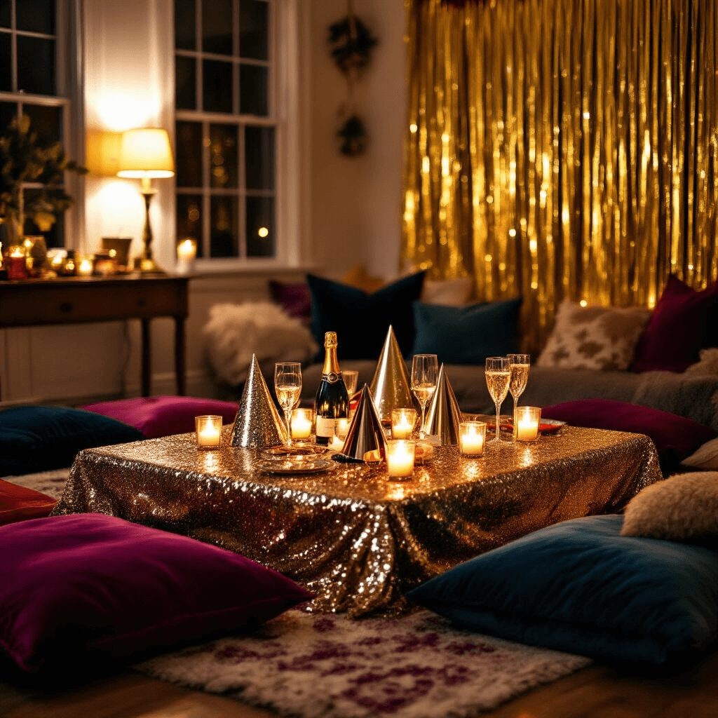 An intimate New Year's Eve dinner party in a cozy, candlelit living room; a low table with a champagne sequin tablecloth surrounded by plush floor pillows, adorned with metallic party hats and noisemakers, and a DIY photo booth with a gold fringe curtain backdrop, creating a warm and festive atmosphere.