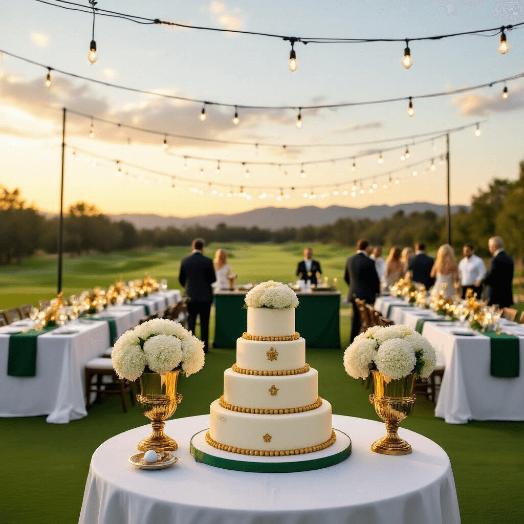 A luxurious outdoor golf-themed birthday celebration at golden hour, featuring banquet tables with white linens and emerald green runners, antique brass trophy centerpieces with white hydrangeas and golf balls, twinkling fairy lights, a golf bag-shaped cocktail bar, and a grand 3-tiered cake styled as a golf course surrounded by themed treats.
