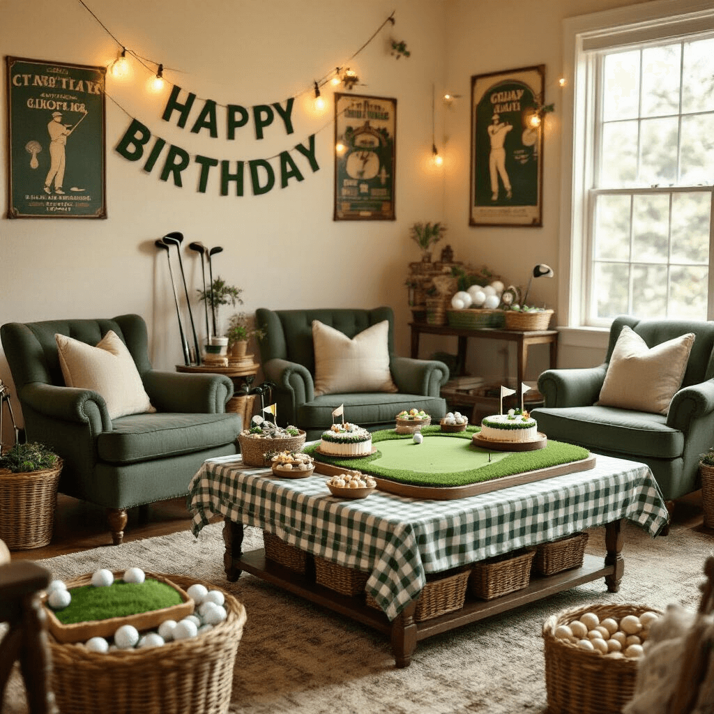 A cozy indoor golf-themed birthday party with vintage memorabilia, a miniature golf course cake, gingham tablecloth, plush seating, and playful string lights in a sunlit living room.