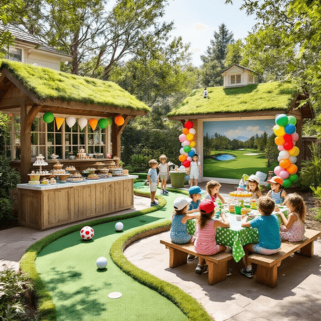 A vibrant backyard kids' golf party featuring a whimsical mini-golf course, a dessert station styled like a clubhouse, balloon sculptures, picnic tables with themed snacks, and a photo booth with golf-themed props.