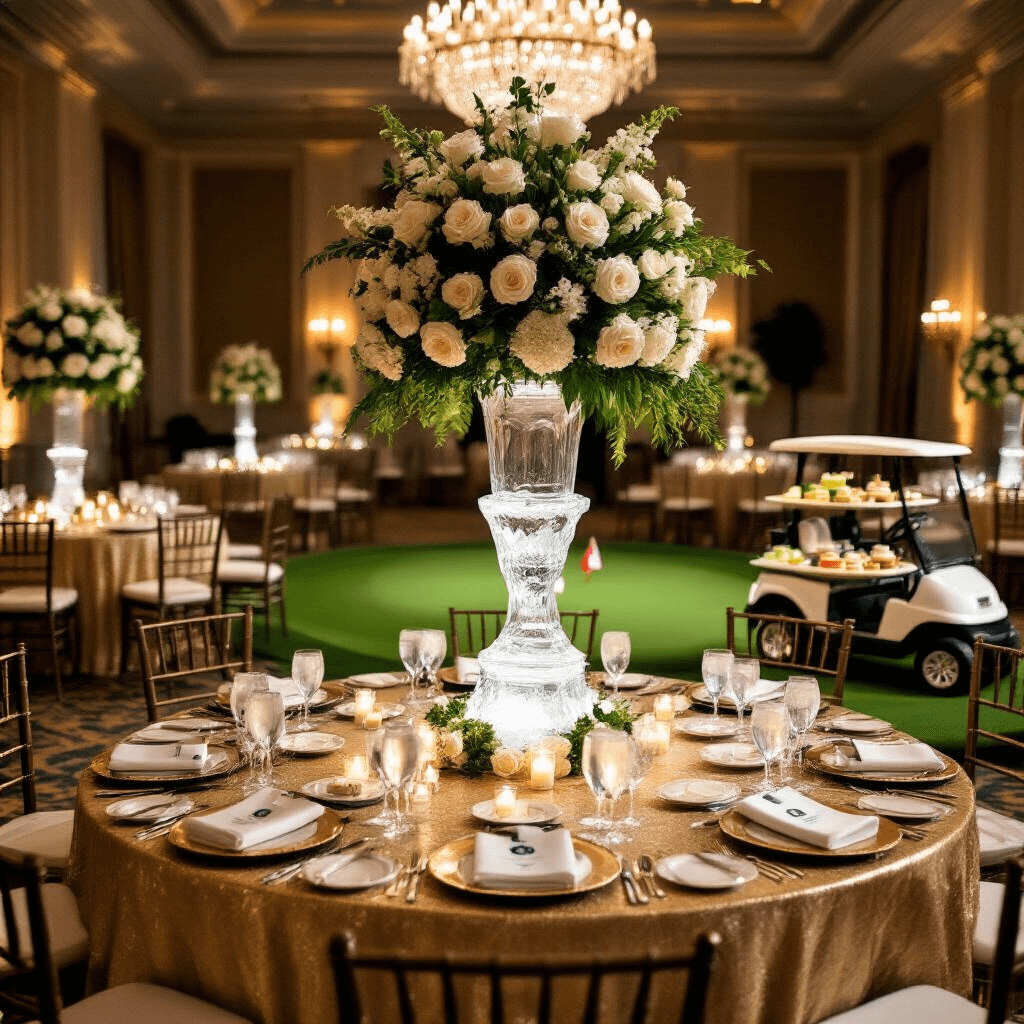 An elegant evening golf gala in a grand ballroom, featuring candlelight, crystal chandeliers, and round tables with gold linens, floral centerpieces, golf-themed place settings, an ice sculpture of a golfer, a putting green dance floor, and a dessert cart styled like a golf cart.