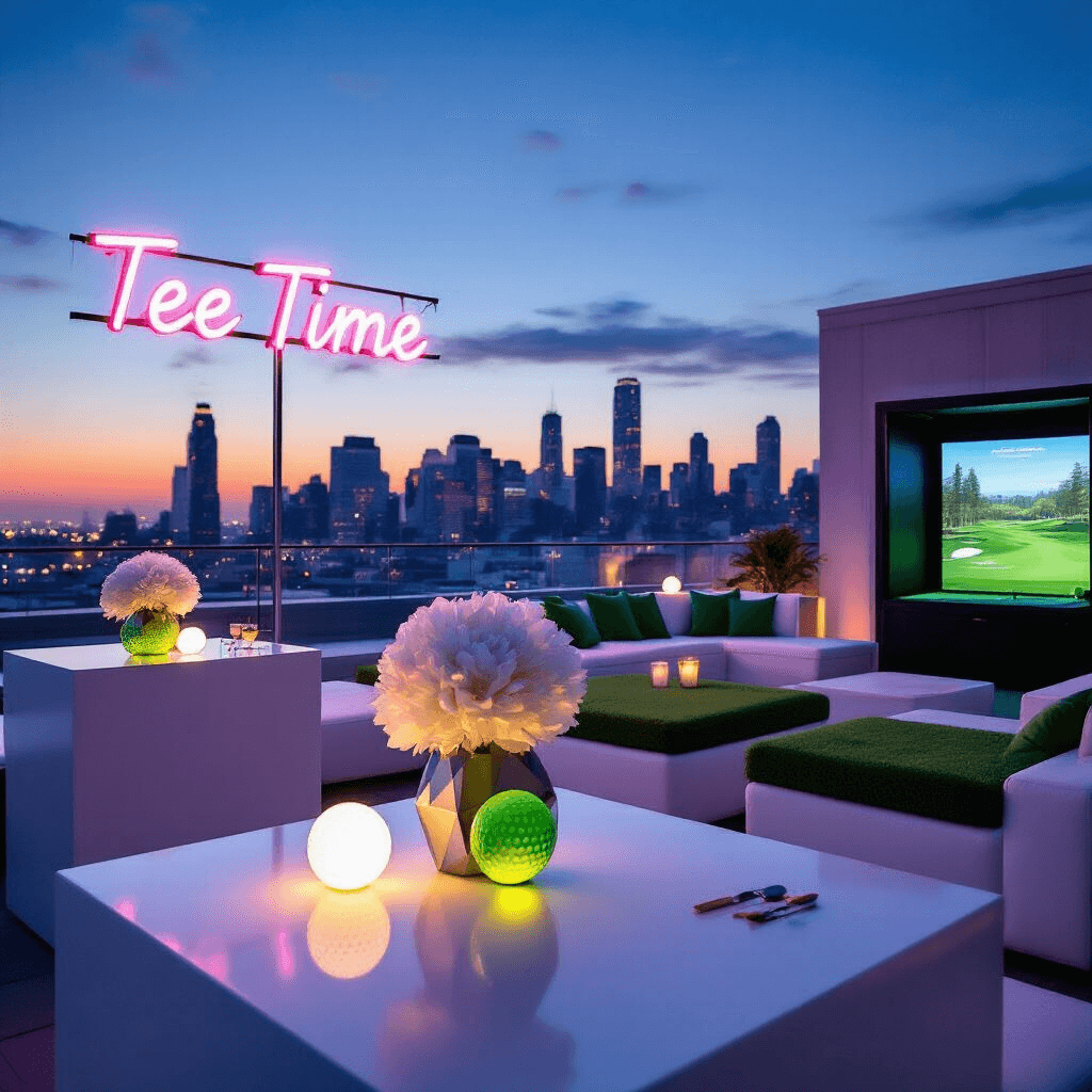 A stylish rooftop golf party at twilight, featuring a city skyline, modern decor with high-top tables, oversized white blooms, neon 'Tee Time' sign, a custom bar with golf-themed cocktails, low white furniture with emerald accents, a virtual golf simulator, and a minimalist birthday cake resembling a golf ball with green stand.