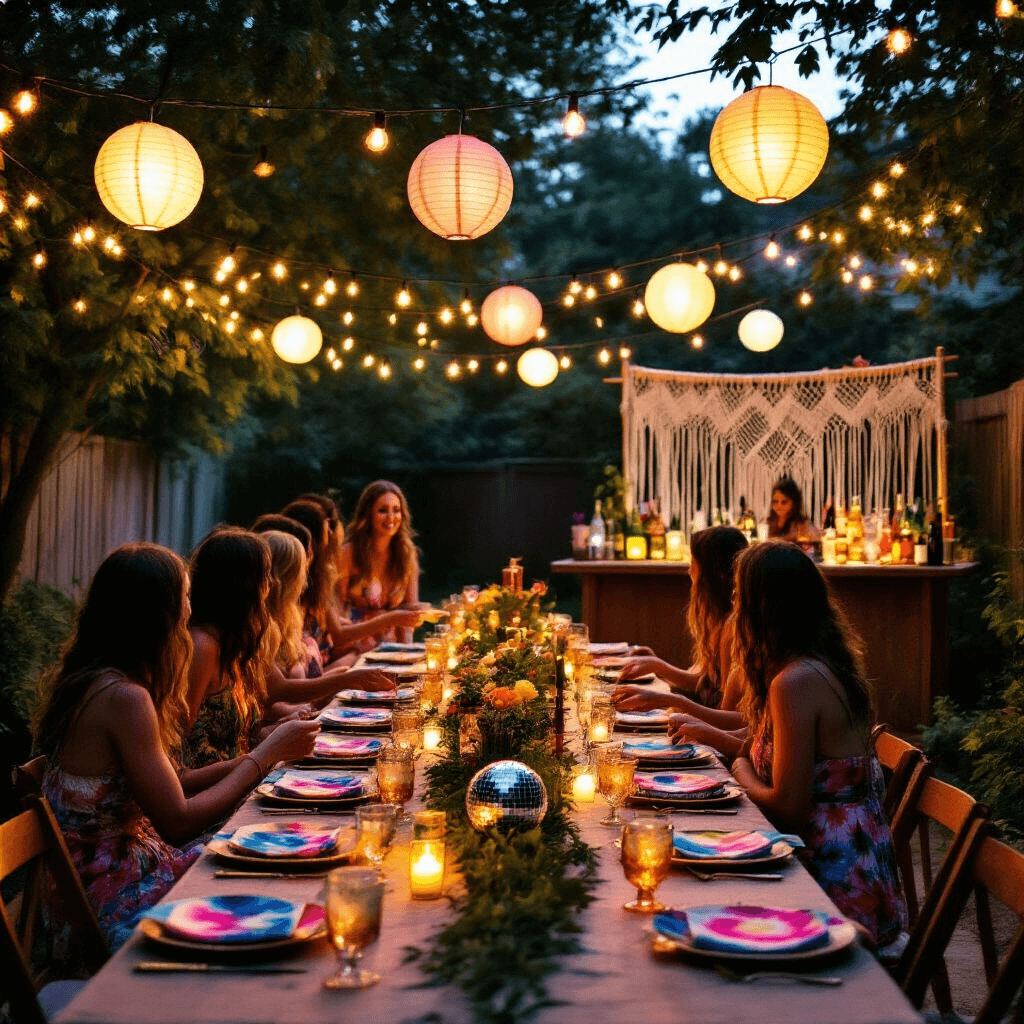 Groovy Birthday Party: A Retro Celebration of Color and Fun Twilight scene of a transformed backyard with string lights and paper lanterns overhead. A long dinner table adorned with earthy textiles, brass candleholders, and greenery sits in the foreground, featuring personalized tie-dye napkins and mini disco ball place card holders. A pop-up bar with a macramé backdrop serves colorful mocktails. Guests in '70s-inspired outfits gather around, creating a nostalgic atmosphere against the fading light.