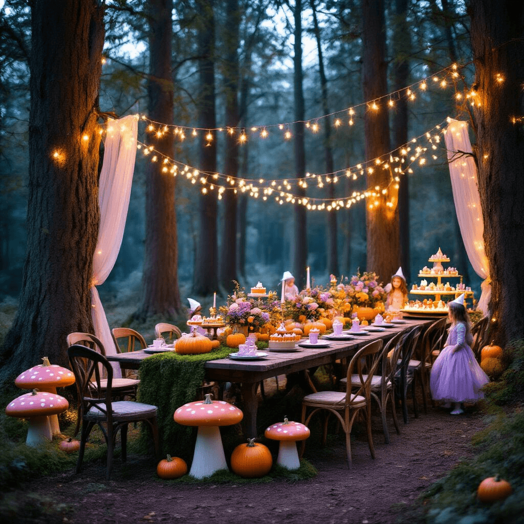 An enchanted forest clearing at twilight, set for a whimsical Halloween birthday celebration with fairy lights, moss-draped tables, pastel pumpkin centerpieces, vintage chairs, oversized toadstools, a dessert cart with themed cupcakes, and guests in woodland creature costumes.