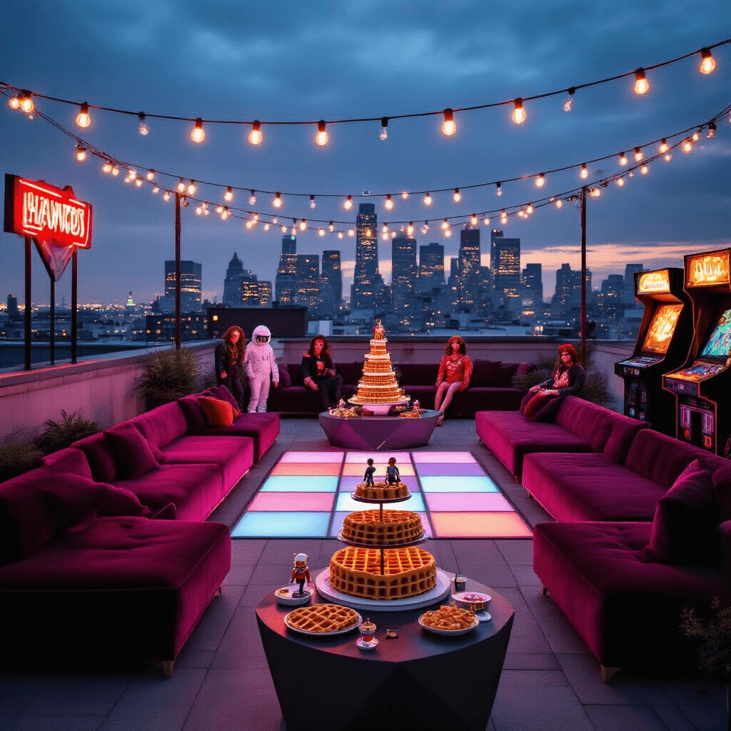 A rooftop terrace decorated for a Stranger Things-inspired Halloween birthday party at dusk, featuring string lights, neon signs, and a view of the city skyline. The setup includes jewel-toned velvet sofas, geometric side tables with themed snacks and cocktails, a central dance floor surrounded by arcade games and a DJ booth styled like Hawkins Middle School. A cake table displays a waffle tower with 'Eleven' figurines and balloon 'Demogorgons', while guests in character costumes pose in front of a custom alphabet wall with blinking lights.