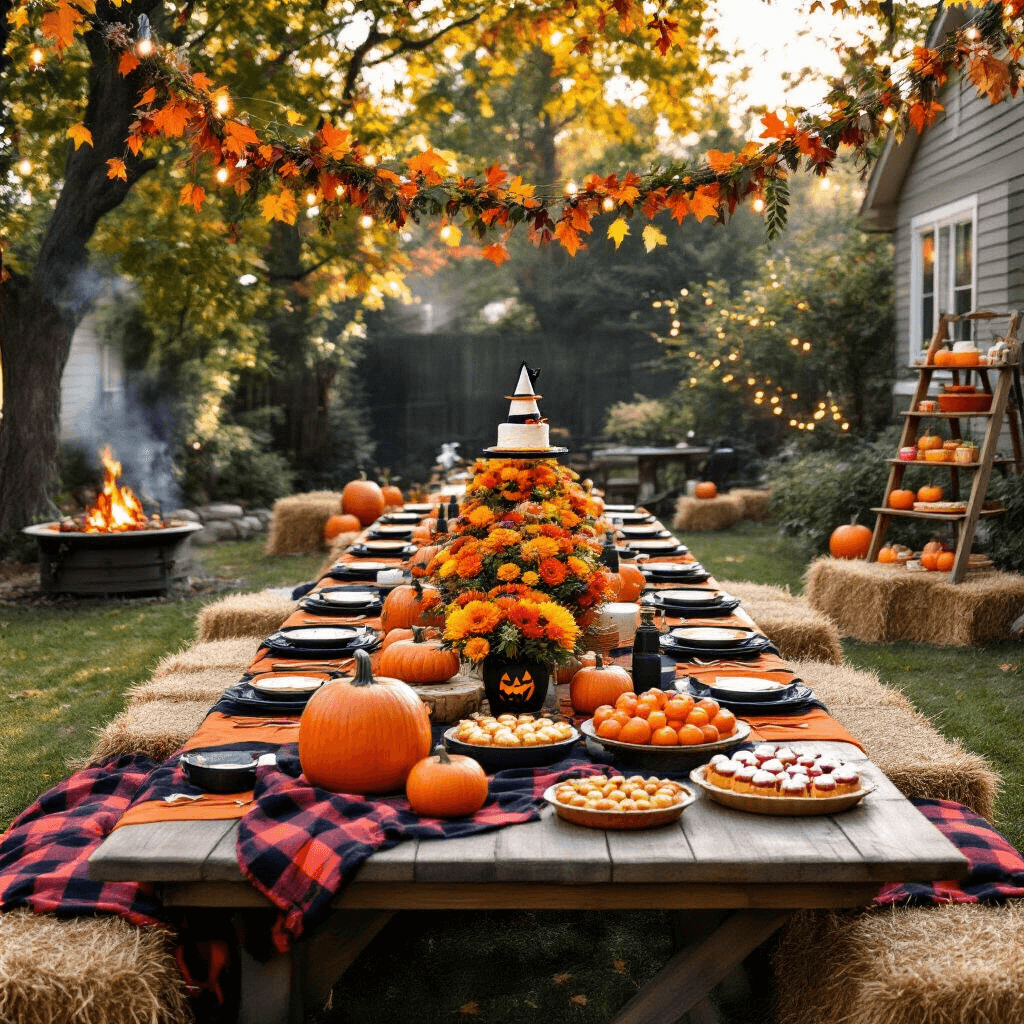A cozy Halloween birthday celebration in a backyard, featuring a farmhouse table with orange and black linens, carved pumpkin centerpieces, hay bales draped in plaid blankets, a fire pit for roasting marshmallows, a dessert station with pies and a naked cake, garlands of fall leaves and fairy lights, and guests in Halloween costumes.