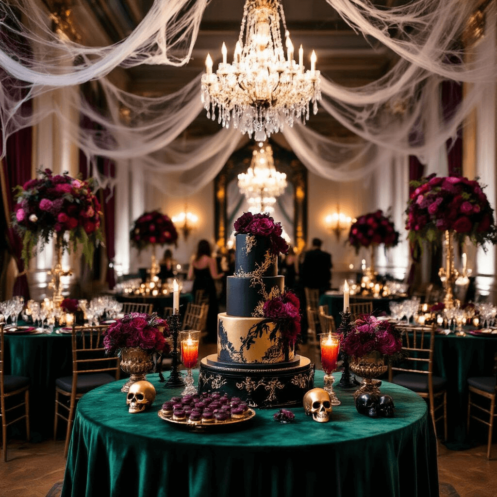 An elegant Halloween birthday soirée ballroom with crystal chandeliers draped in cobwebs, deep emerald velvet tables, rich burgundy and purple floral arrangements, black candelabras, gold skull accents, a grand mirror-backed bar with smoking cocktails, a dramatic black and gold marble-effect dessert table, and guests in masquerade attire.