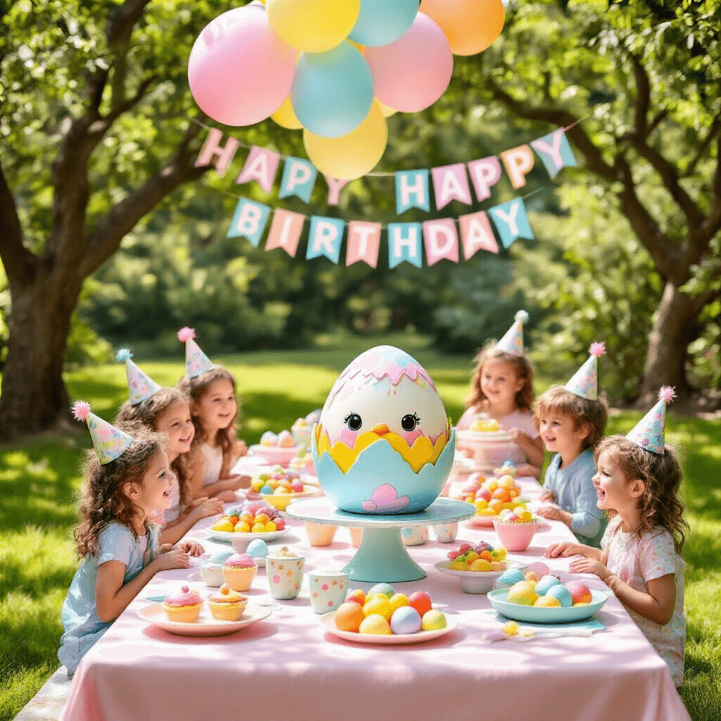 A whimsical outdoor birthday party featuring a pastel-themed picnic table with a giant Hatchimal egg cake, colorful balloons, themed cupcakes, and children engaging in an egg hunt, all set in a sunlit backyard.