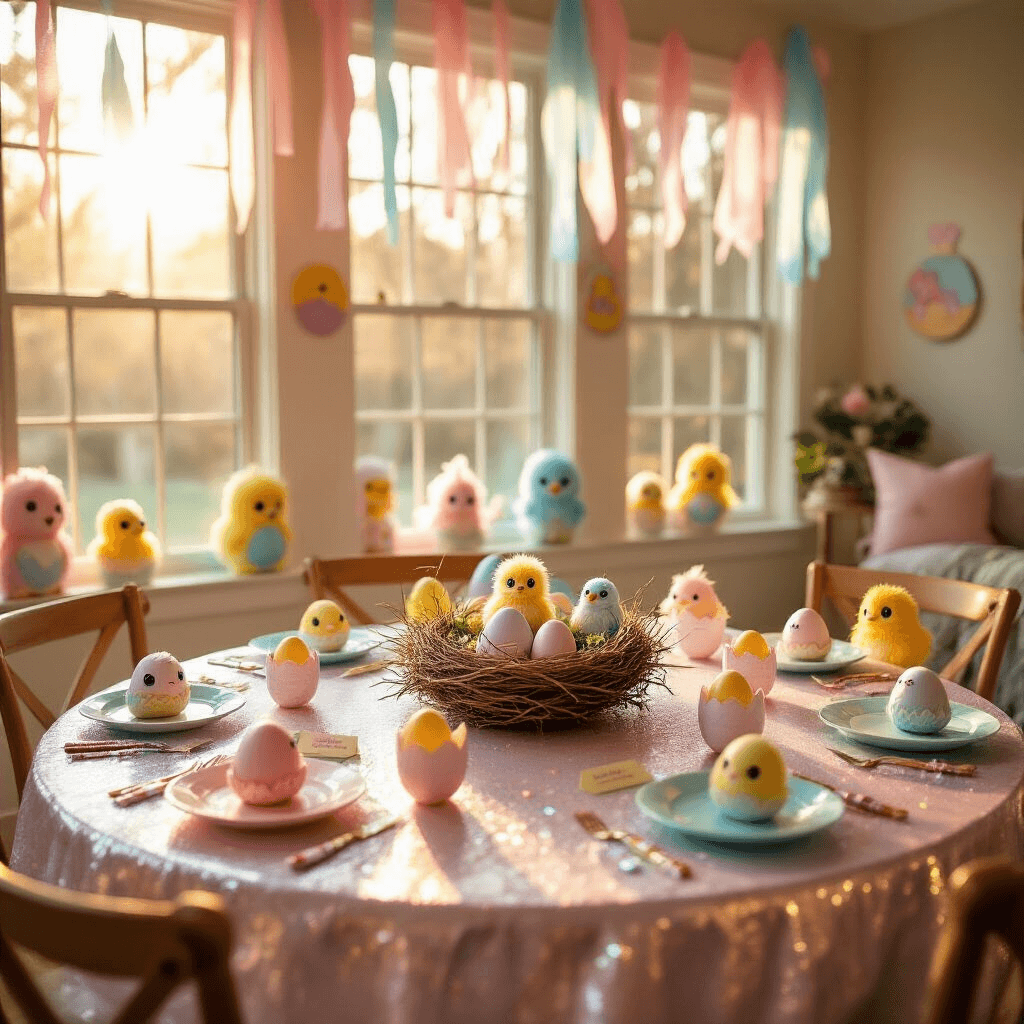 An intimate indoor Hatchimals party scene with warm golden hour light, featuring pastel decorations, a rounded table with an egg-speckled tablecloth, a DIY centerpiece with Hatchimal toys, themed place settings, and a cart of colorful treats.