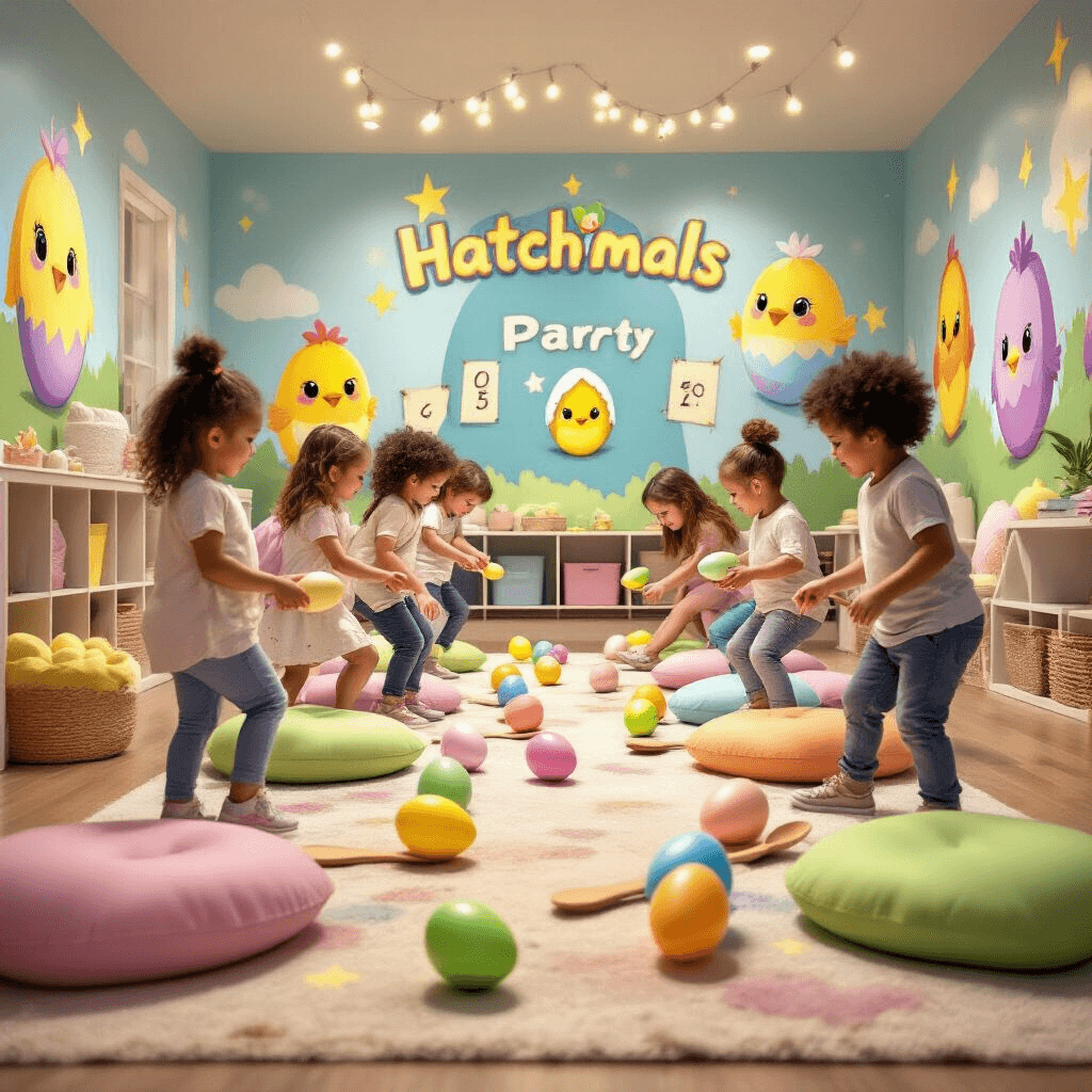 Children excitedly participate in a lively Hatchimals party game, balancing pastel-colored eggs on spoons as they navigate an obstacle course of plush toys in a cozy, well-lit playroom adorned with colorful cushions and hand-painted murals.