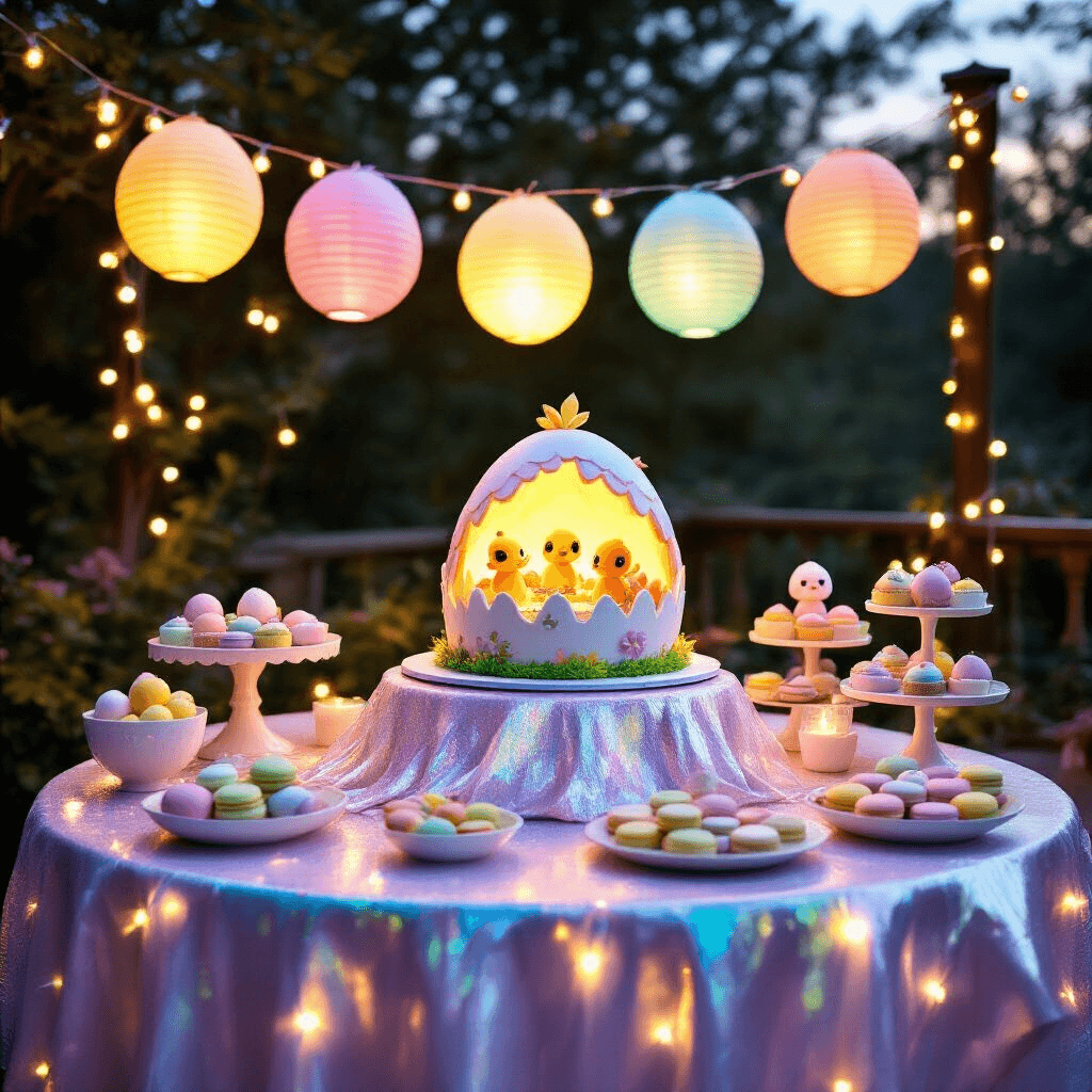 A whimsical twilight party scene featuring a dessert table adorned with a Hatchimals-themed cake, sparkling sparklers, and colorful treats, surrounded by delighted children amidst glowing string lights and paper lanterns.