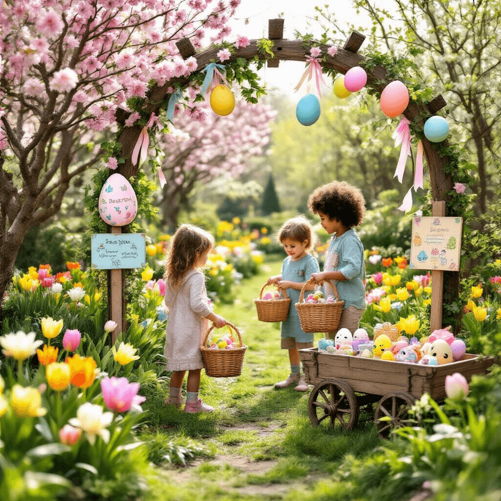 A vibrant spring garden during an egg hunt challenge, featuring children searching for hidden Hatchimals toys among lush flowerbeds, with colorful cracked egg signposts and a rustic archway leading to a secret area. A vintage cart overflowing with Hatchimals-themed prizes is in the foreground, illuminated by soft morning light.