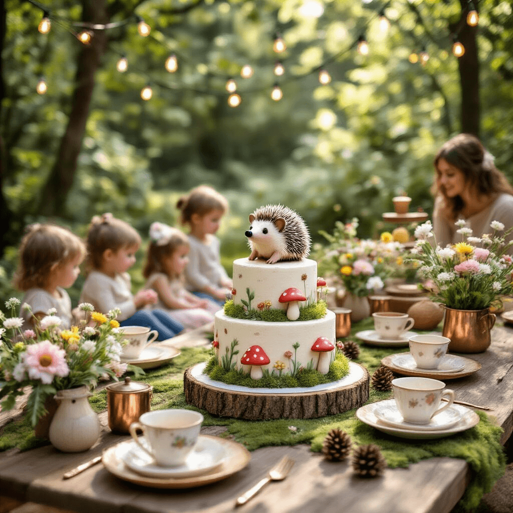 A whimsical woodland hedgehog birthday party set in a sun-dappled garden, featuring rustic wooden tables with moss runners and pastel flower arrangements, fairy lights overhead, a tiered cake with fondant fungi and a hedgehog topper, vintage teacups with wildflowers, and children playing with plush toys while adults enjoy a DIY hot chocolate bar.