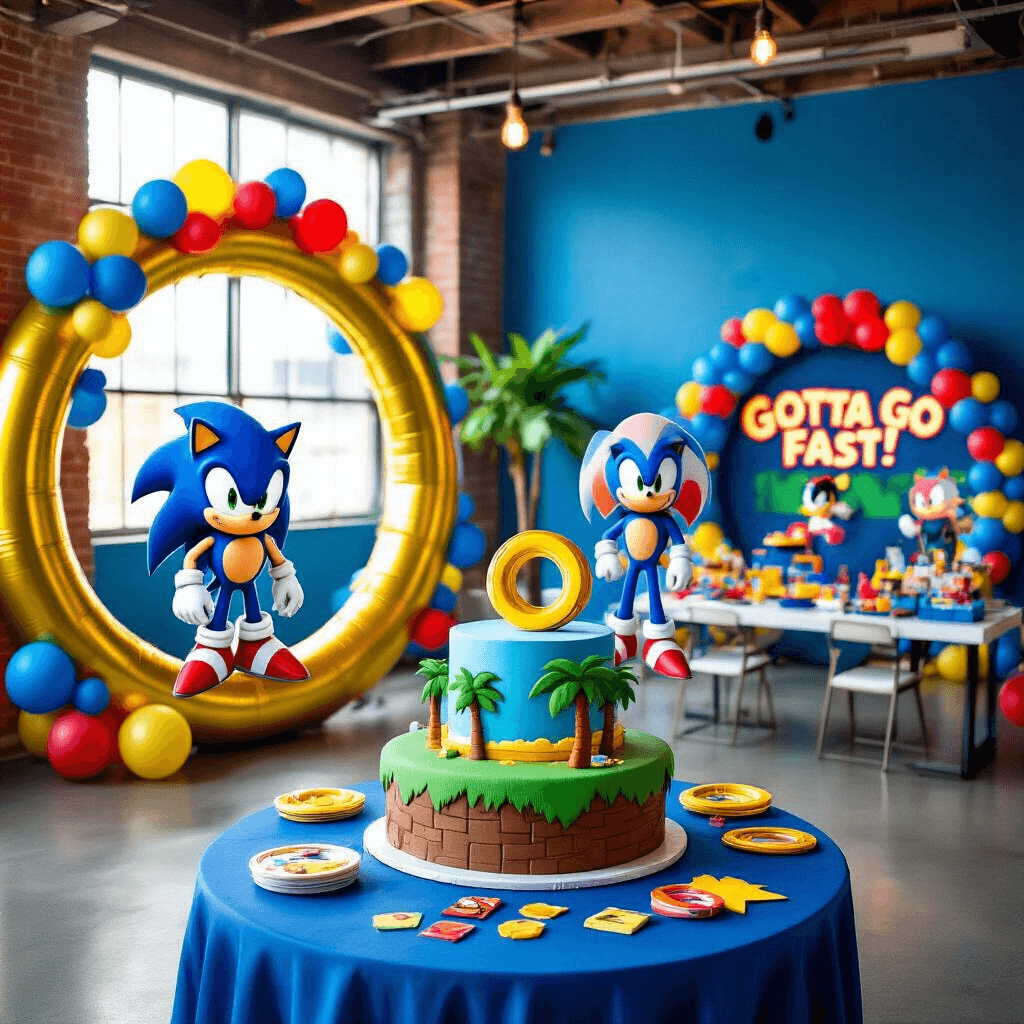 An action-packed Sonic the Hedgehog party in a vibrant loft with blue walls, featuring oversized gold rings, a Green Hill Zone cake, gaming stations, and a photo booth with pixelated backdrop and prop rings. Neon signs read 'Gotta Go Fast!'