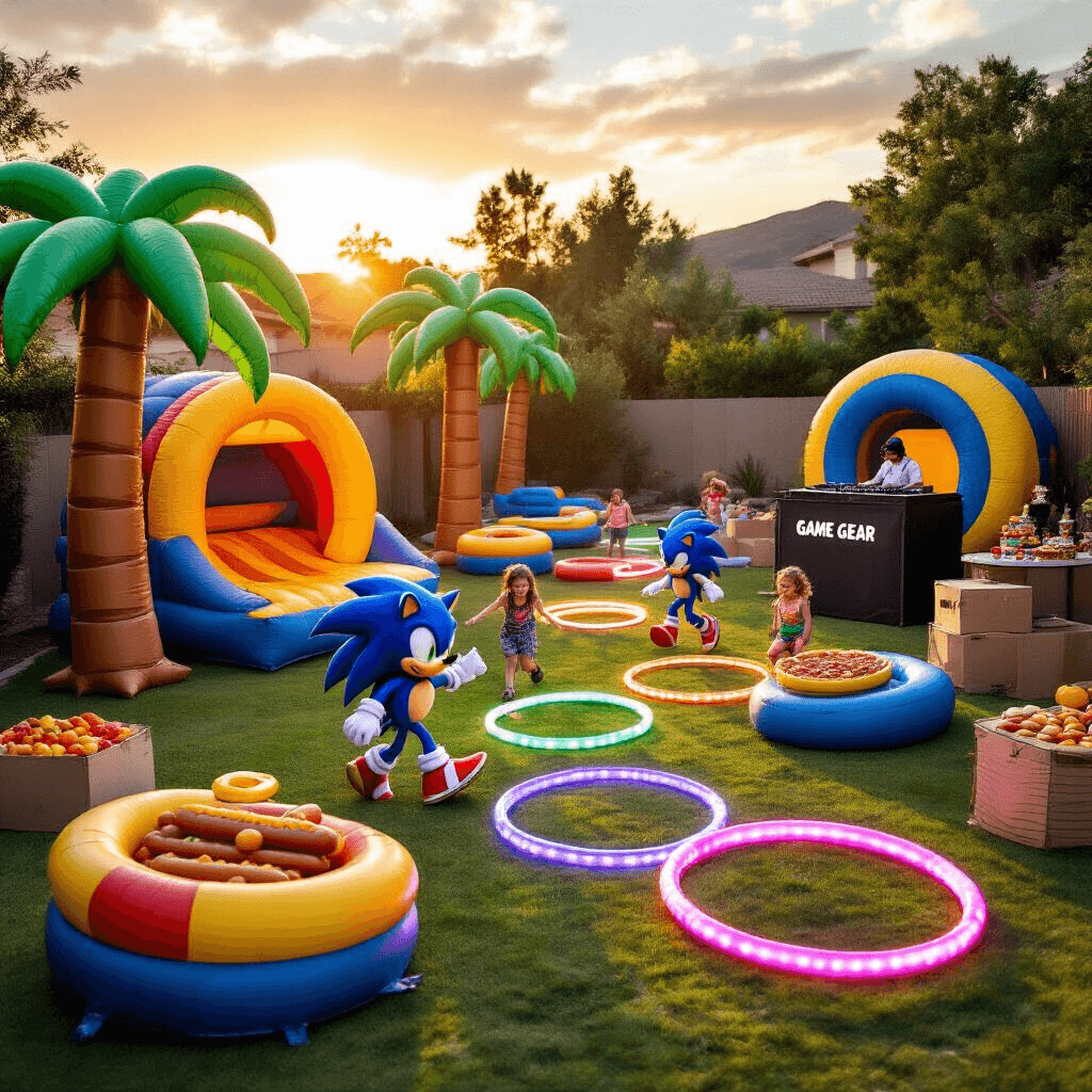 A vibrant backyard birthday party themed around Sonic the Hedgehog, featuring inflatable palm trees, cardboard loop-de-loops, a bounce house styled as Dr. Robotnik's lair, children racing through an obstacle course, a DJ booth shaped like a Game Gear, and a food station with chili dogs and blue raspberry slushies, all illuminated by LED-lit hula hoops at sunset.