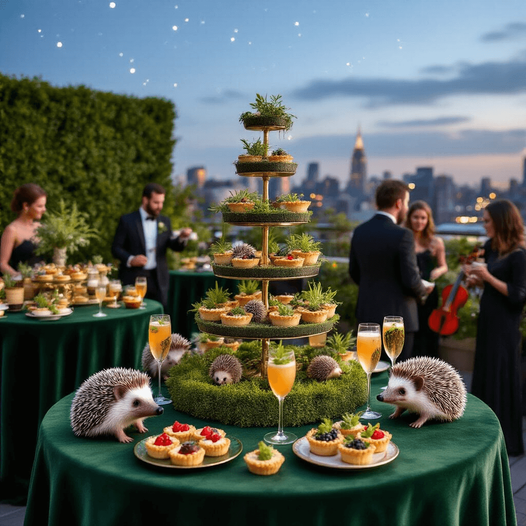 A whimsical rooftop terrace cocktail party for woodland hedgehogs, featuring high-top tables with green velvet cloths, terrariums, a champagne tower, hedgehog-shaped canapés, and a string quartet, all under a starlit sky adorned with fairy lights.