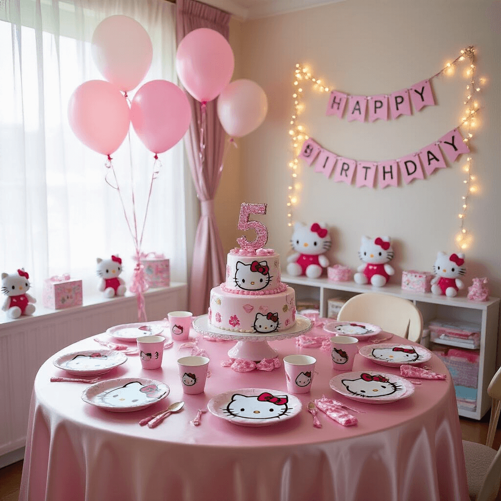 A cozy living room decorated for a whimsical Hello Kitty-themed birthday party, featuring pastel pink and white decorations, a table with Hello Kitty dishware, a tiered birthday cake with a glittery '5' topper, floating balloon clusters, plush toys, and a 'Happy Birthday' banner illuminated by soft morning light.