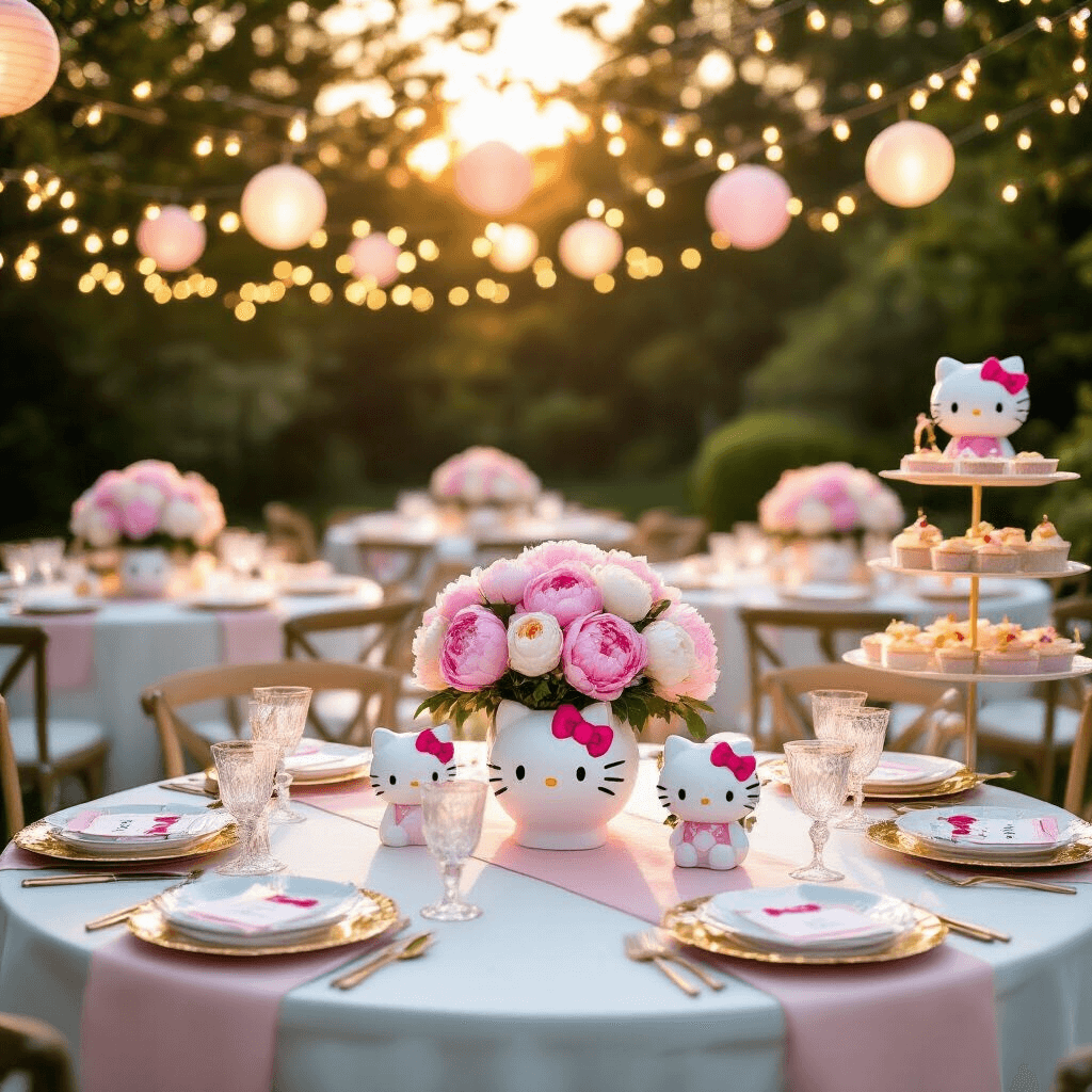 An elegant garden party inspired by Hello Kitty during golden hour, featuring round tables with white linens, pastel runners, and floral centerpieces in Hello Kitty-shaped vases, enhanced by fairy lights and a dessert cart displaying themed treats.