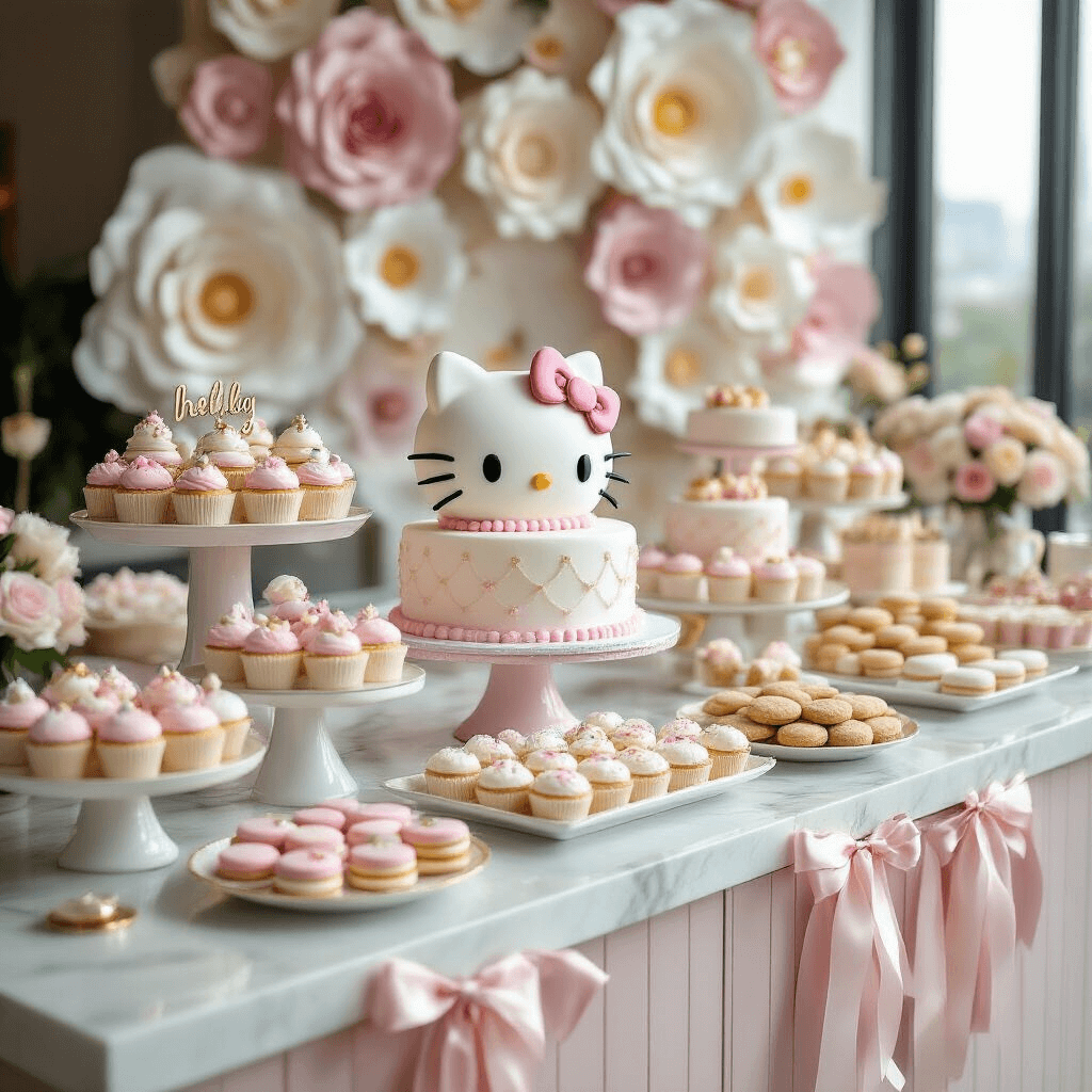 A close-up view of a Hello Kitty themed dessert table on a marble countertop, featuring an elaborate Hello Kitty cake, themed cupcakes, macarons, and cookies, all in shades of white, pink, and gold, with elegant signage and a backdrop of oversized paper flowers.
