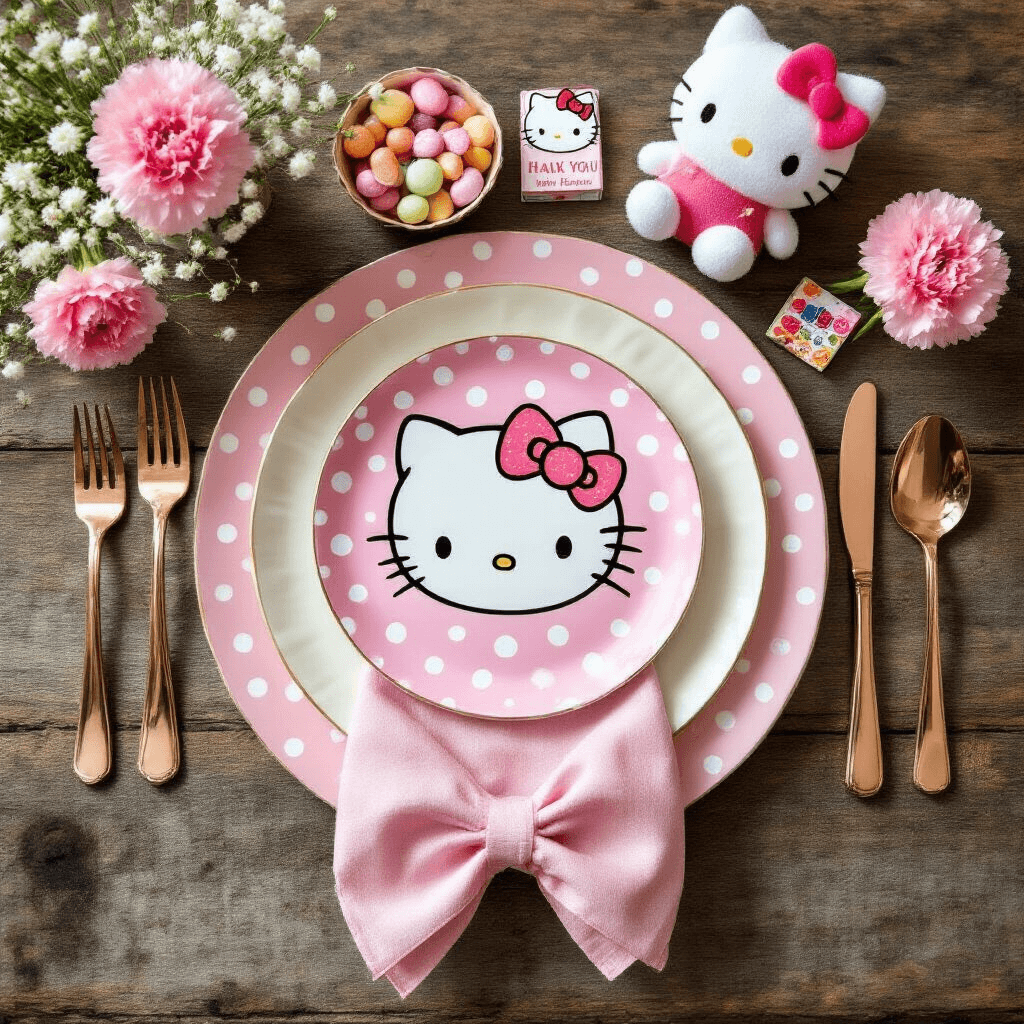 Overhead flat lay of a Hello Kitty party place setting on a rustic wooden table, featuring pink and white polka dot plates, rose gold cutlery, a folded bow napkin, Hello Kitty-themed party favors, and fresh pink carnations, all bathed in natural midday sunlight.