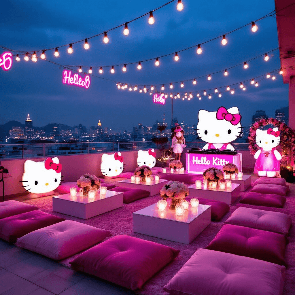 A magical Hello Kitty-themed rooftop terrace for a teen's birthday, adorned with warm white lights, pink neon signs, plush seating, illuminated sculptures, a DJ booth, and a sequined photo booth, set against a twinkling cityscape backdrop at twilight.