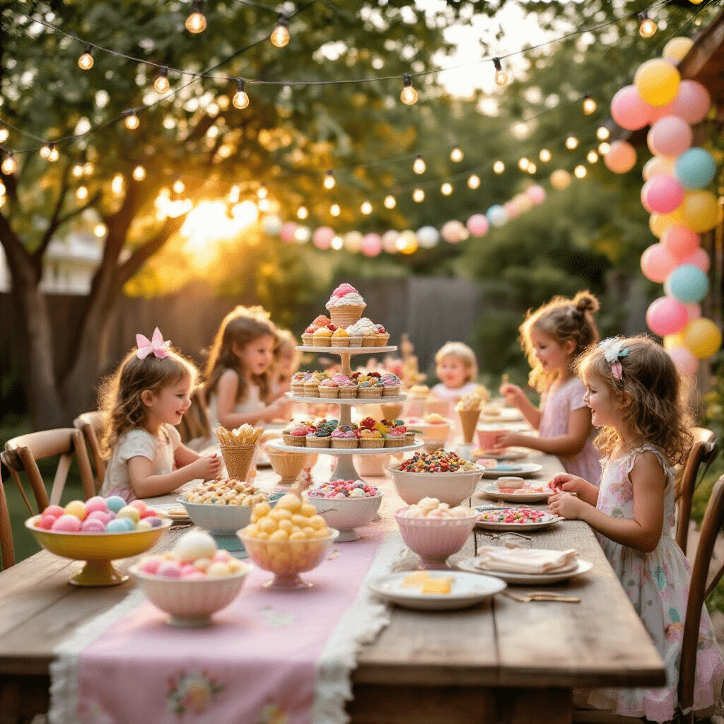 A whimsical backyard ice cream party at golden hour featuring a long farmhouse table with a pastel runner, an elaborate ice cream sundae bar, vintage glass bowls of colorful toppings, and a tiered cake stand of waffle cones. Soft string lights overhead and sherbet-colored balloon garlands frame the scene, with children joyfully creating towering sundaes as the warm sunset glow lights up their faces.