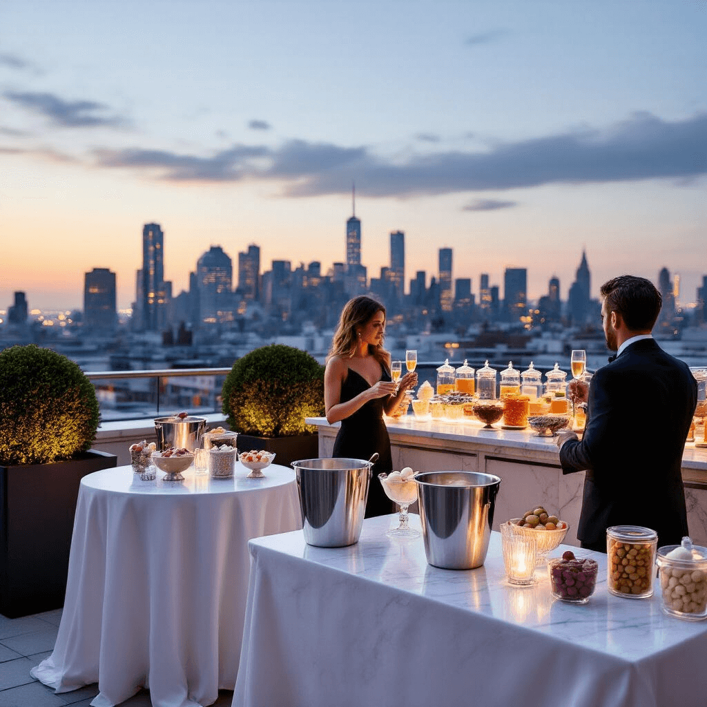 Elegant rooftop terrace with chic cocktail tables and gourmet ice cream, as guests in cocktail attire mingle under soft uplighting and a sparkling city skyline at dusk.