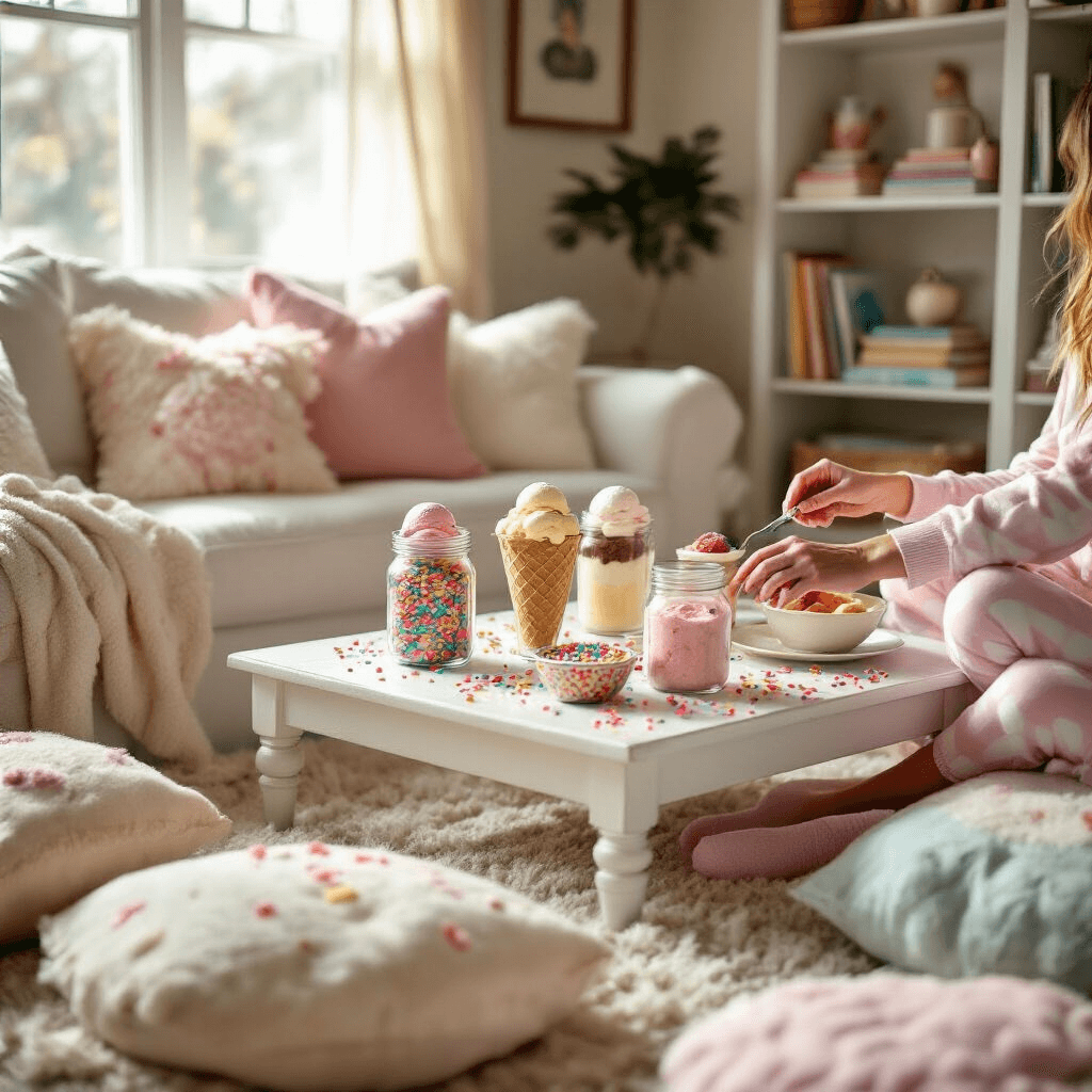 A cozy living room scene featuring a build-your-own-sundae station with colorful ice cream toppings, surrounded by plush pillows. Close-up of hands in fuzzy socks and silky pajamas reaching for sprinkles and sauces, with silver spoons glinting against vibrant ice cream scoops.