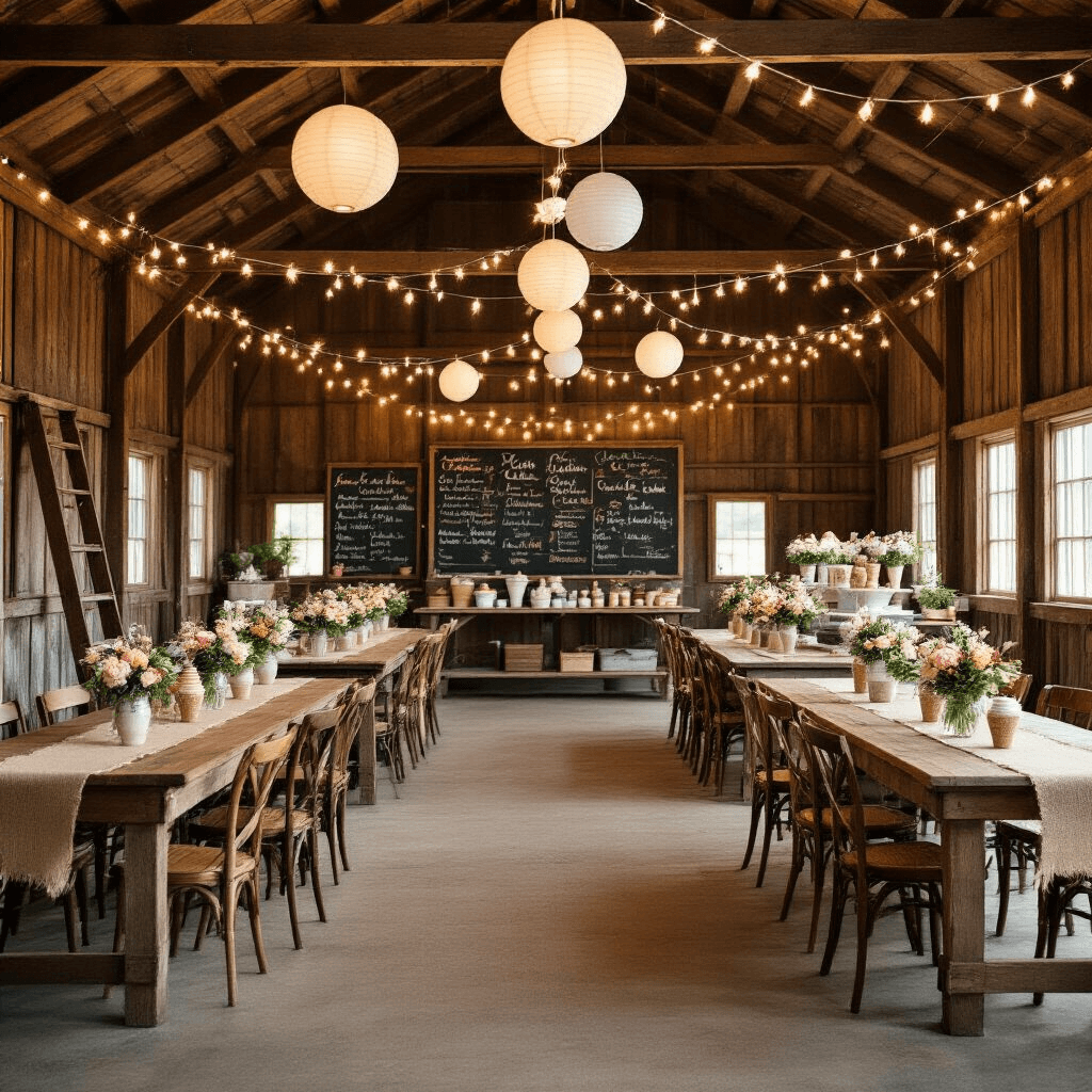 A cozy barn interior filled with mismatched vintage chairs and rustic decor, featuring long wooden tables adorned with burlap runners and mason jar floral centerpieces. Fairy lights and paper lanterns illuminate an ice cream social, with a refurbished ladder displaying colorful ice cream cones and chalkboard signs featuring witty ice cream puns. The scene is captured from the entrance, showcasing bustling ice cream stations at the far end.