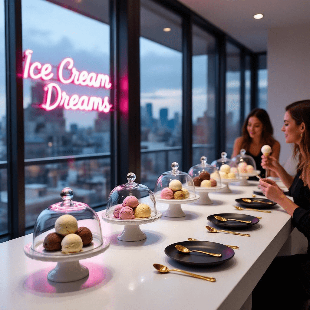 A modern minimalist apartment set up for an ice cream tasting party, featuring a sleek white countertop with elegant glass cloches of artisanal ice cream flavors, matte black plates, gold spoons, and a neon 'Ice Cream Dreams' sign, while stylishly dressed guests delight in sampling the flavors against a backdrop of city views through floor-to-ceiling windows.