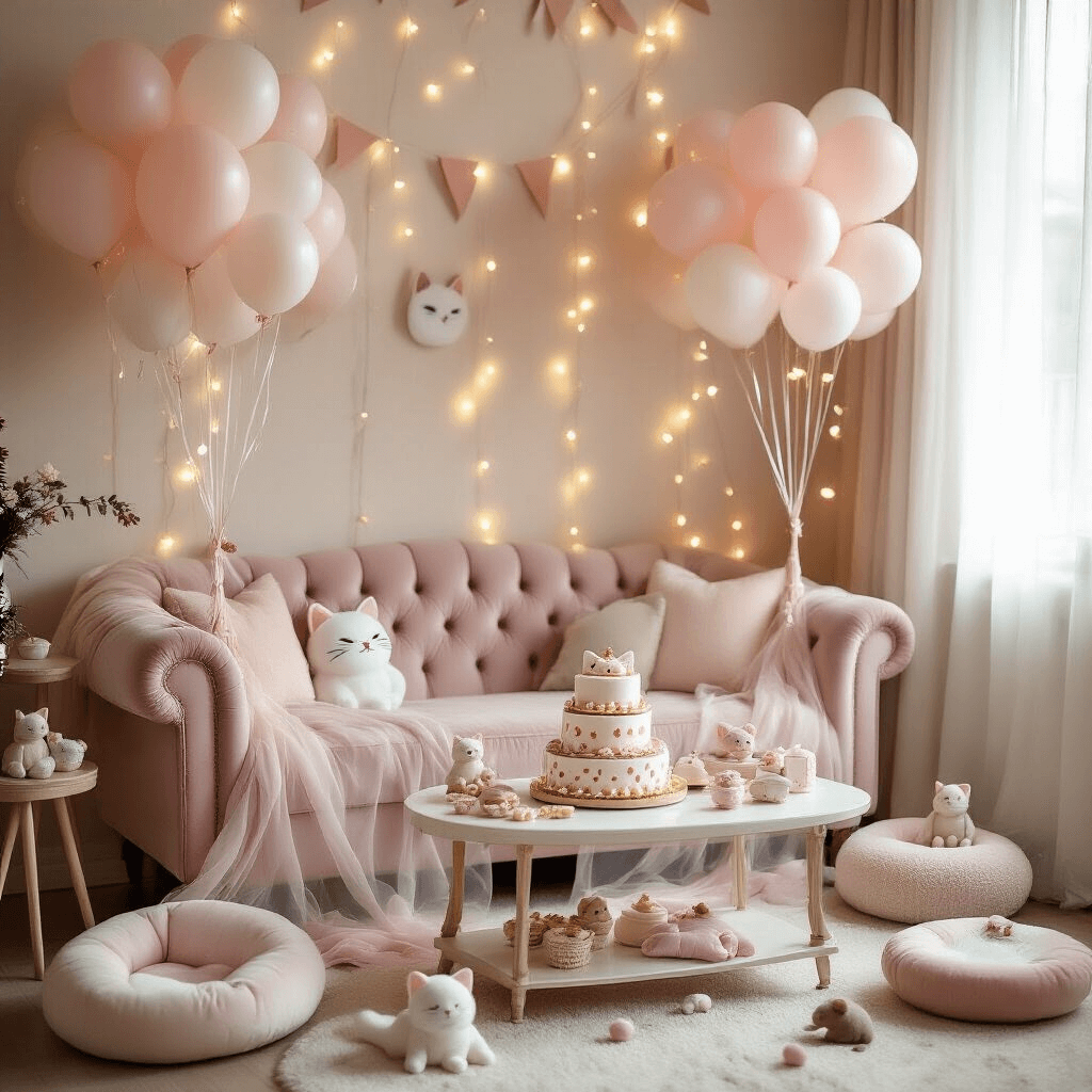 A cozy living room transformed into a whimsical cat wonderland for a birthday celebration, featuring pastel decorations, a plush velvet couch with cat-patterned fabric, floating balloon bouquets, fairy lights, a table with cat-shaped treats and a decorated cake, and scattered plush toys and cat beds, all in soft natural light.